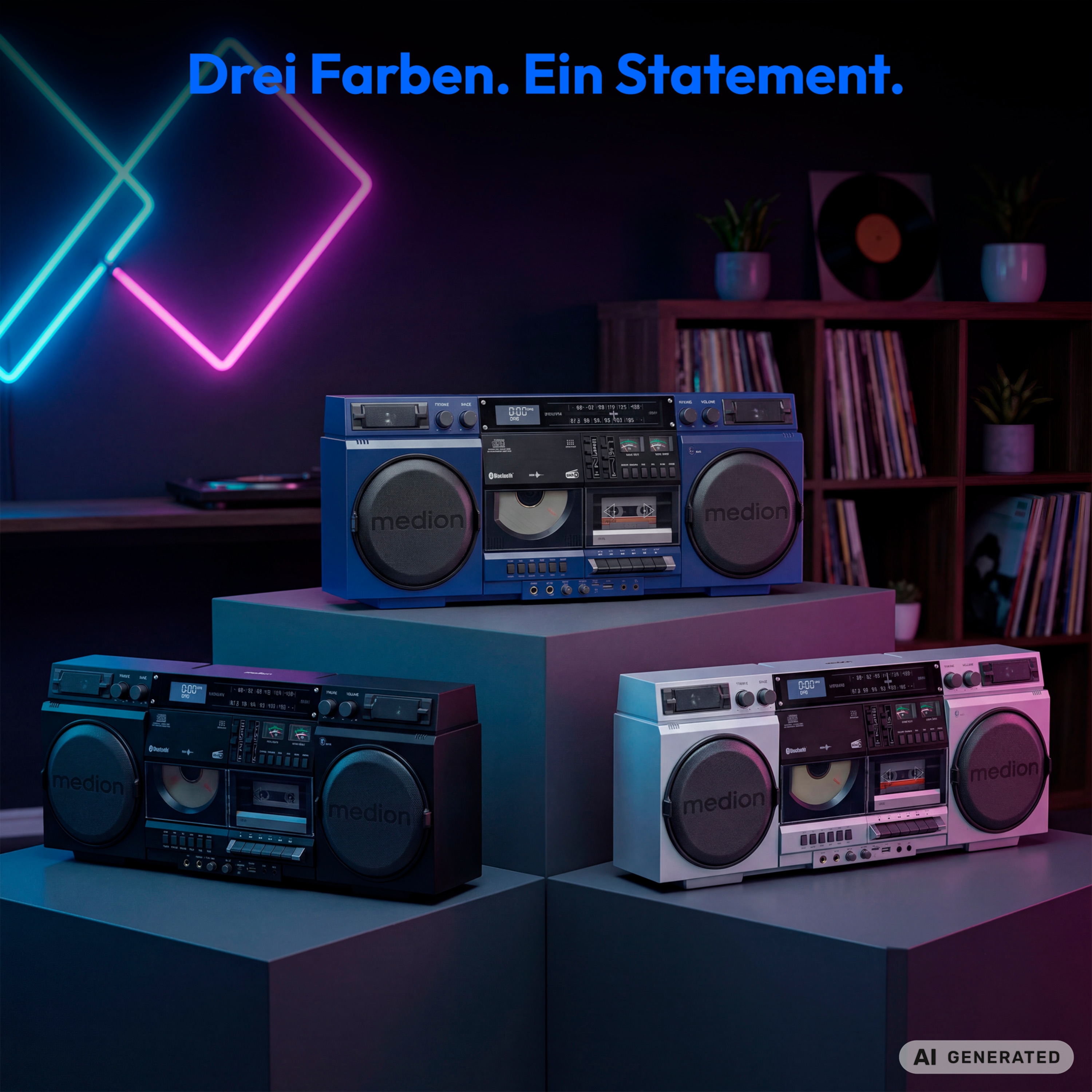 MEDION® LIFE P66538 Retro-Boombox silber, DAB+/PLL-UKW Radio, Bluetooth® 5.3 für das Abspielen von Smartphone & Co, CD-Player, Kassettendeck, X-Bass Funktion, 2 x 10 W RMS