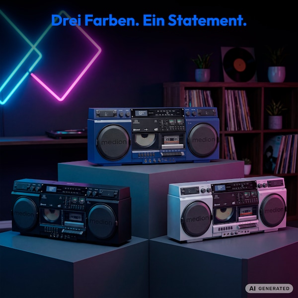 MEDION® LIFE P66538 Retro-Boombox silber, DAB+/PLL-UKW Radio, Bluetooth® 5.3 für das Abspielen von Smartphone & Co, CD-Player, Kassettendeck, X-Bass Funktion, 2 x 10 W RMS