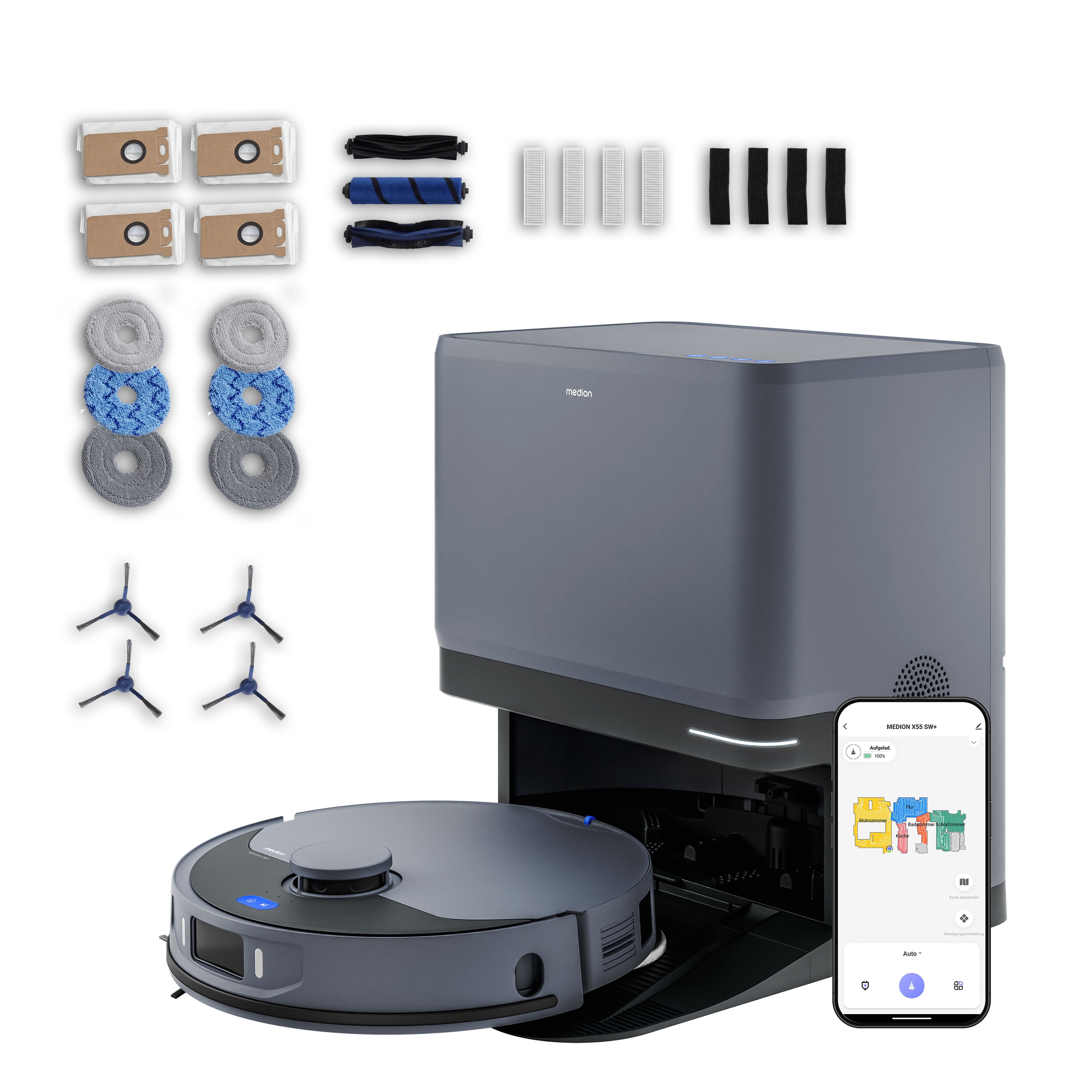MEDION® Saugroboter mit 3-in-1 Absaugstation X55 SW+ Pro, Wischfunktion, rotierende und bewegliche Wischmopps, Lasernavigation, Hinderniserkennung durch Kreuzlinienlaser, starke 10.000 Pa Saugkraft, präzise Kartenerstellung