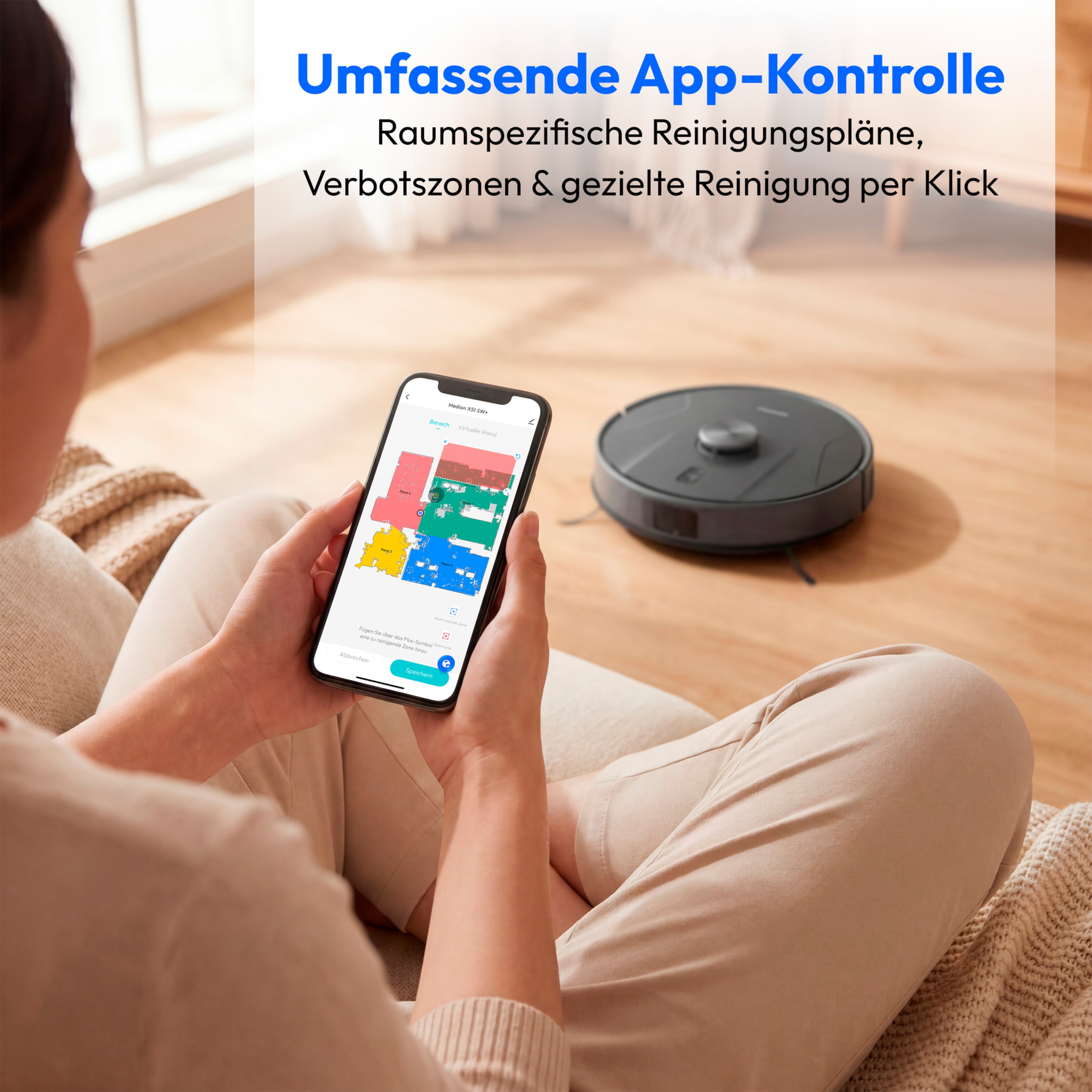 MEDION® Saugroboter mit 2-in-1 Absaugstation X51 SW+, Wischfunktion, rotierende Wischmopps, Lasernavigation, Hinderniserkennung durch Kreuzlinienlaser, starke 10.000 Pa Saugkraft, präzise Kartenerstellung