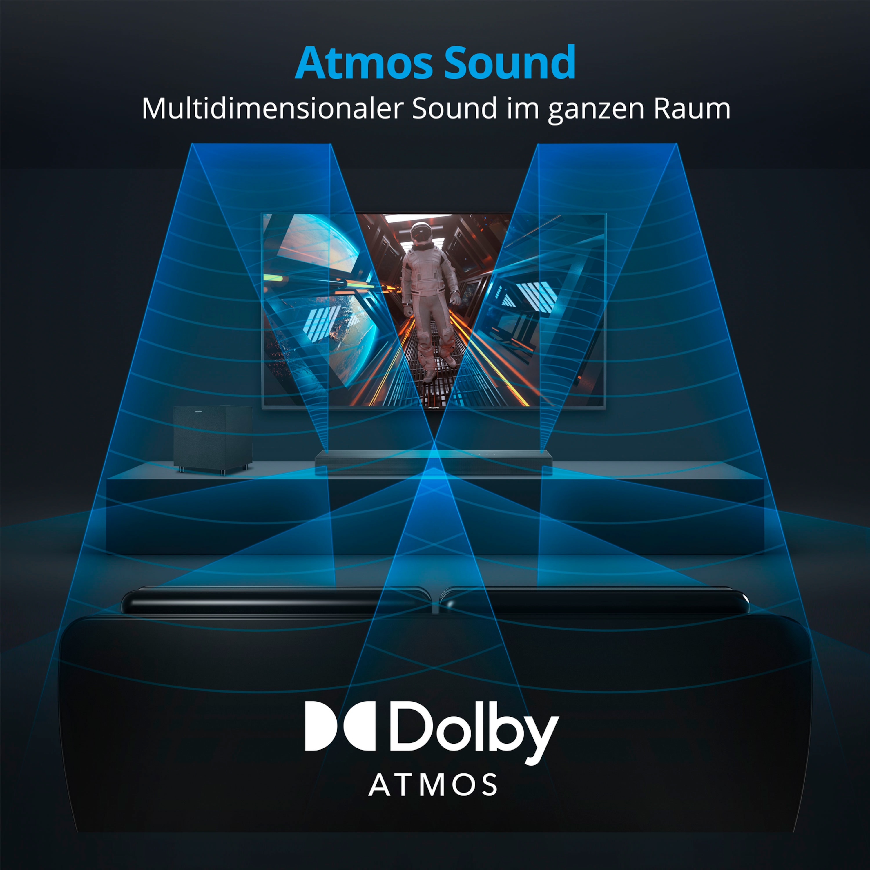 MEDION® LIFE® S61022 Dolby Atmos® Soundbar, multidimensionaler Sound für die Heimkino-Atmosphäre, Bluetooth® 5.3, kraftvolle 3 x 20 W + 60 W (RMS) Subwoofer