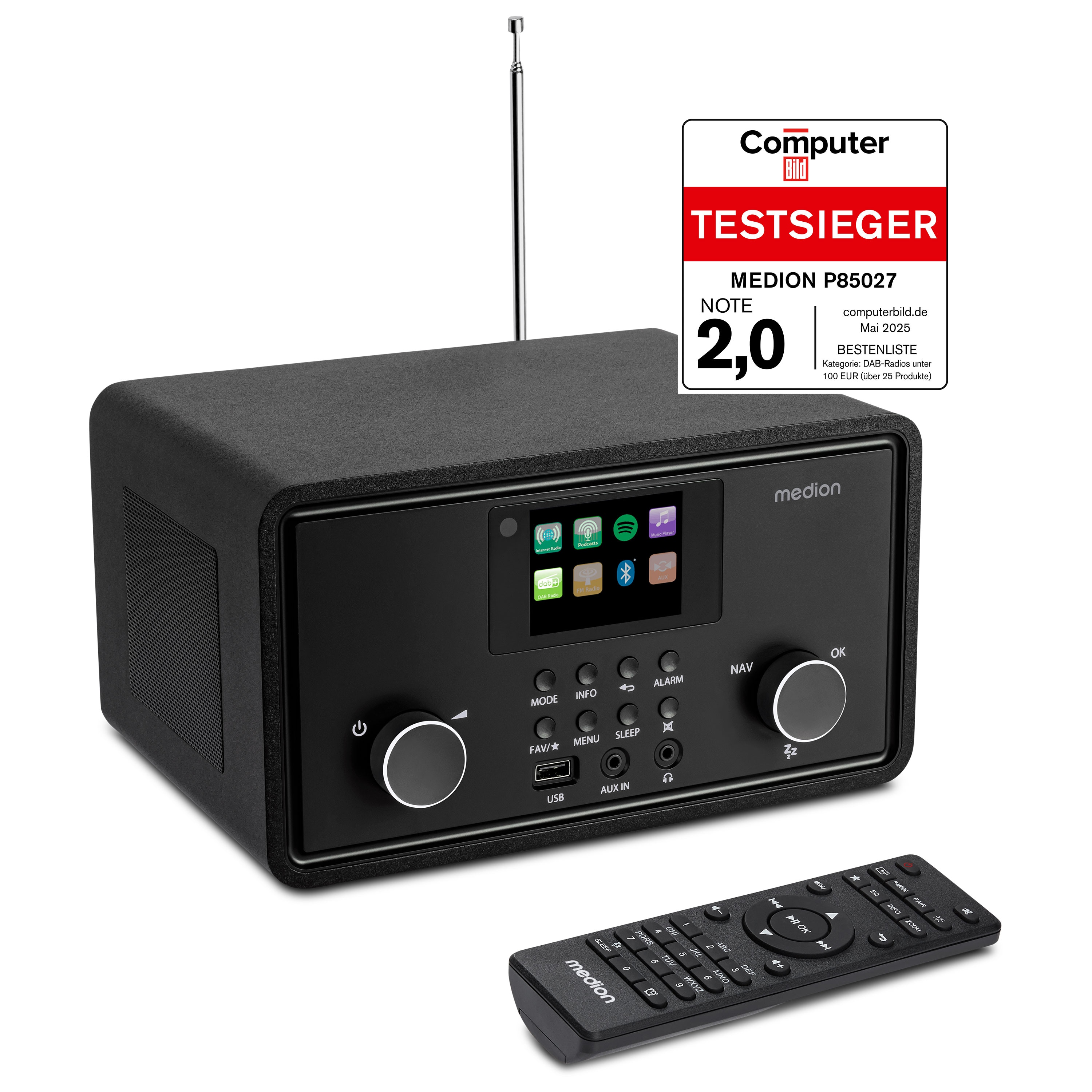 MEDION® LIFE® P85027 Stereo Internetradio, 7,1 cm (2,8'') TFT-Display, 25.000+ Internetradiosender & zahlreiche Podcasts, DAB+/UKW-Radio, Bluetooth®, Spotify®-Connect, WLAN, 2 x 10 W RMS