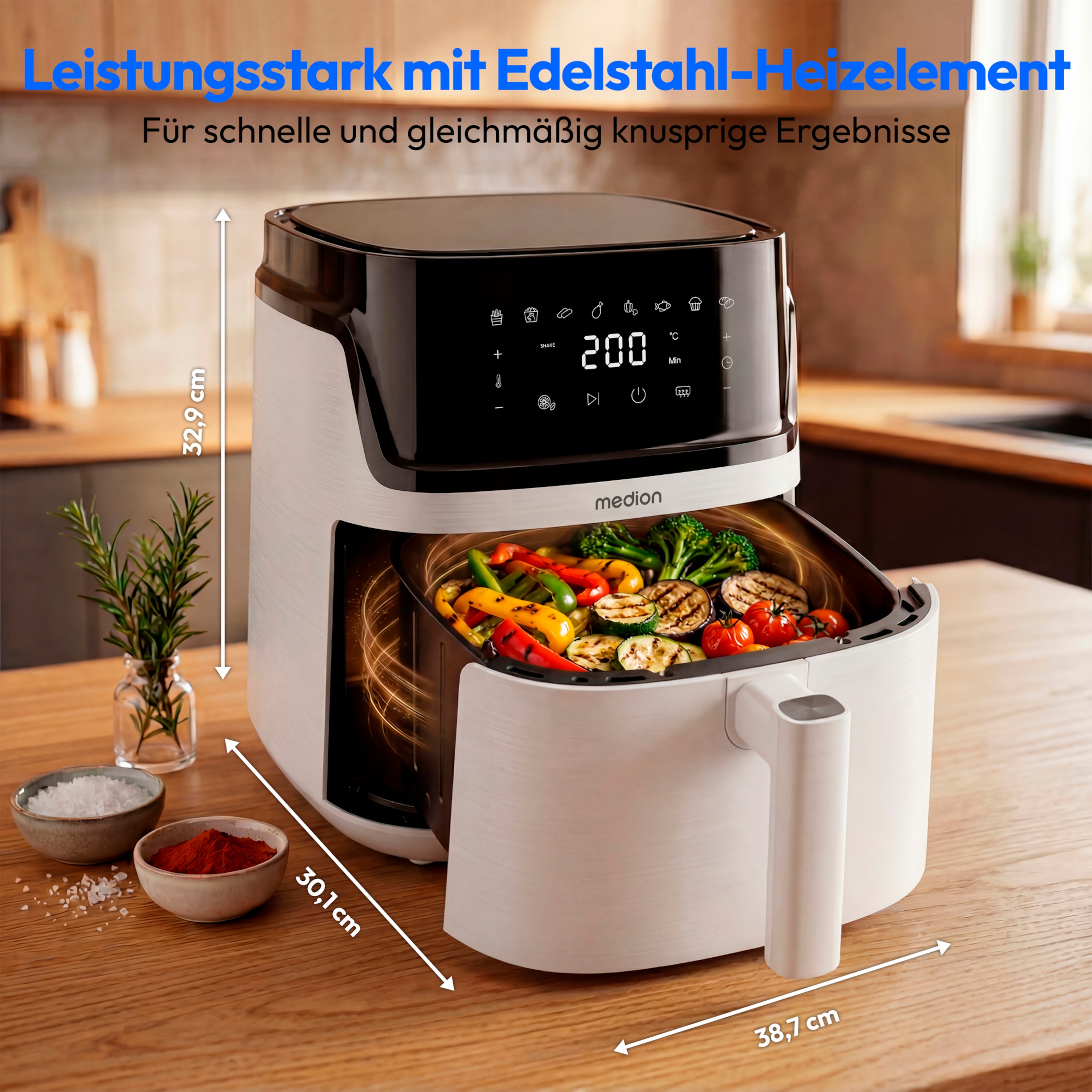 MEDION® LIFE Heißluftfritteuse MD100056, 7,2 L Gesamtvolumen, 10 Automatikprogramme, Edelstahl-Heizelement, digitales Sensor-Touch-Display, Temperatur 40–200 °C, ILAG SP-800 Beschichtung