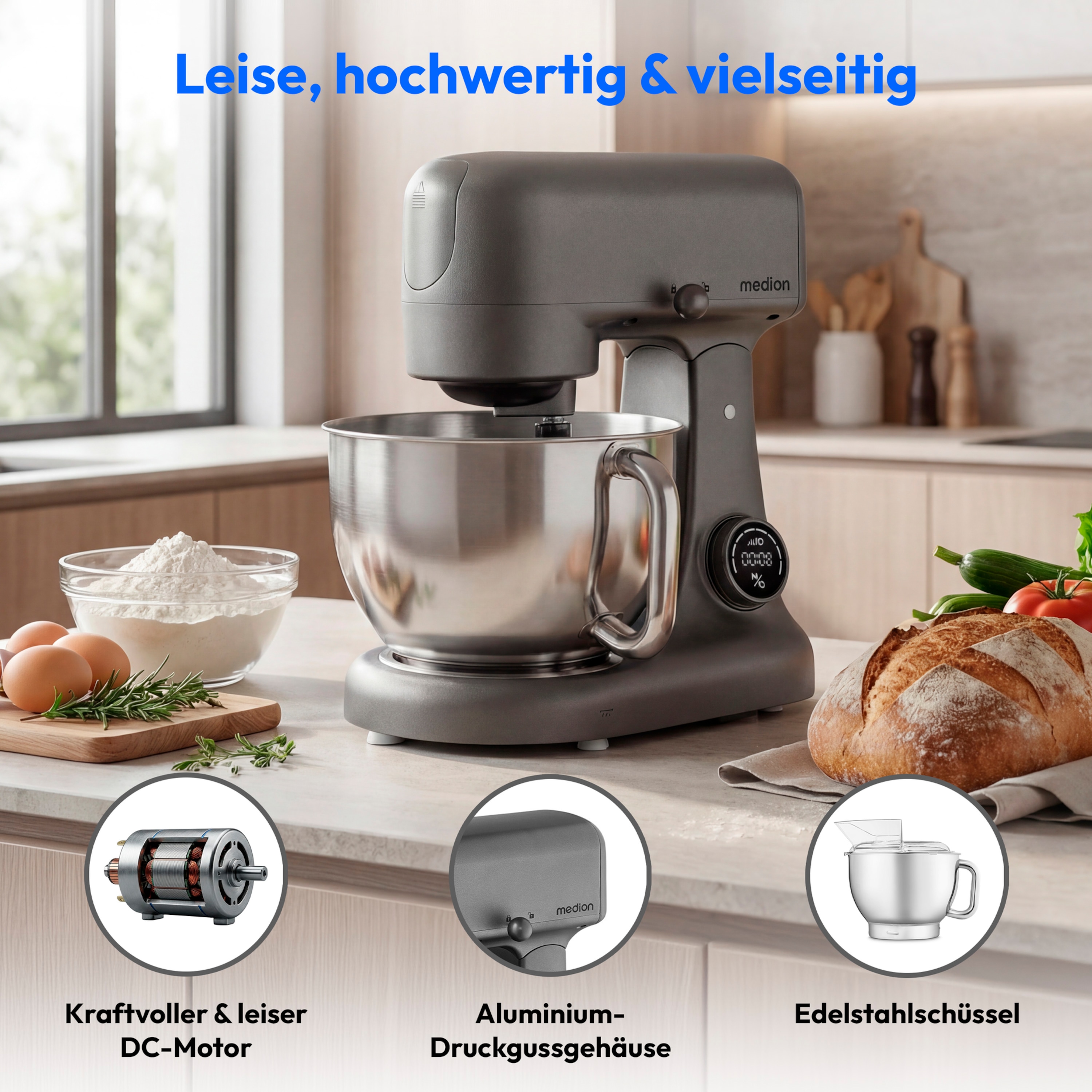 MEDION® LIFE Digitale Küchenmaschine MD12600 titan, 800 W Gleichstrommotor, Energiesparend, Ultraleise, Digitales Sensor-Touch-Display, 4,6 L Edelstahlschüssel, Inkl. Fleischwolf