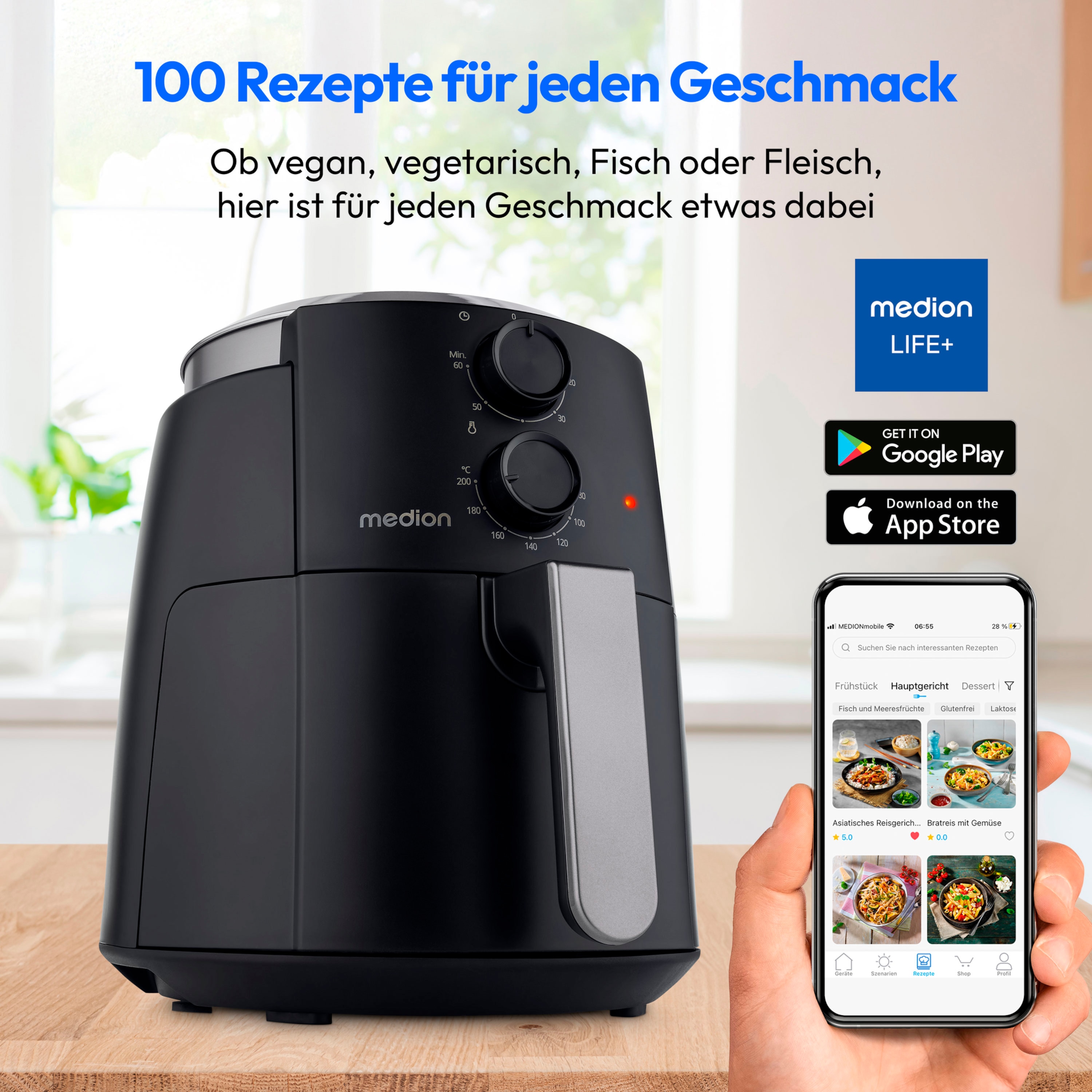 MEDION® LIFE Heißluftfritteuse P30 L (MD13020), 100 Rezepte in der Life+ App¹, 4,7 Liter Fassungsvermögen, 1.500 Watt, 60 min. Timer