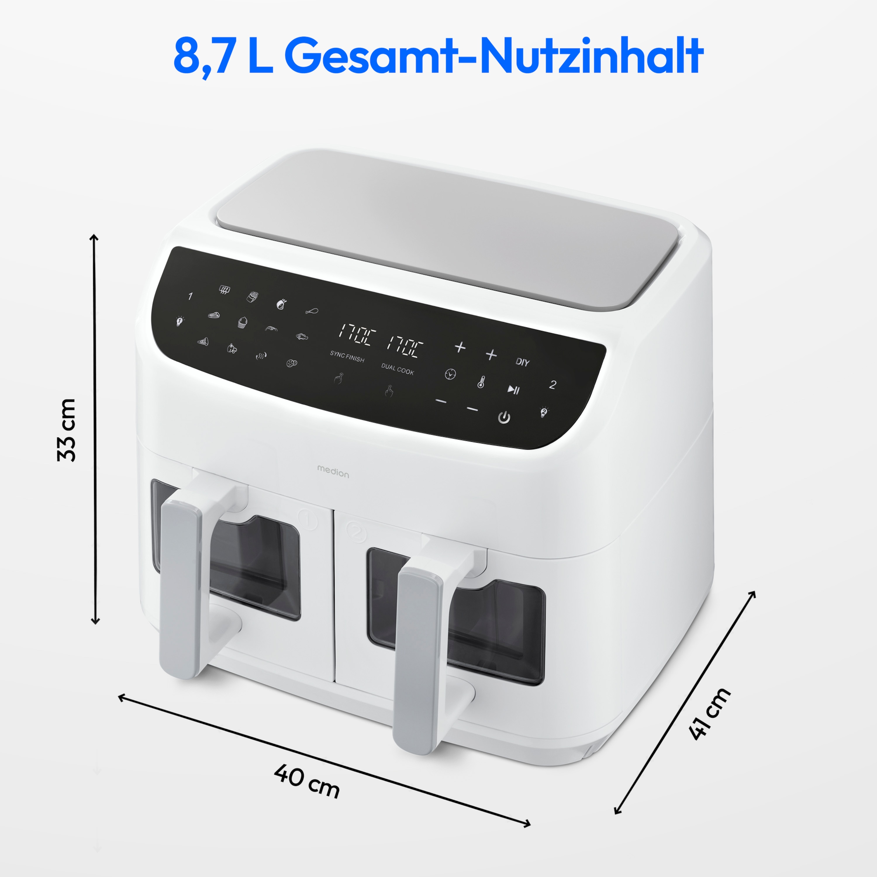 MEDION® LIFE® P20 XXL Twin Doppelzonen-Heißluftfritteuse MD 11760, 100 Rezepte in der Life+ App, 2 separate Garzonen, 9 Automatikprogramme, 8,7 L Gesamt-Nutzinhalt, 2.600 Watt, Temperatur einstellbar bis 200 °C