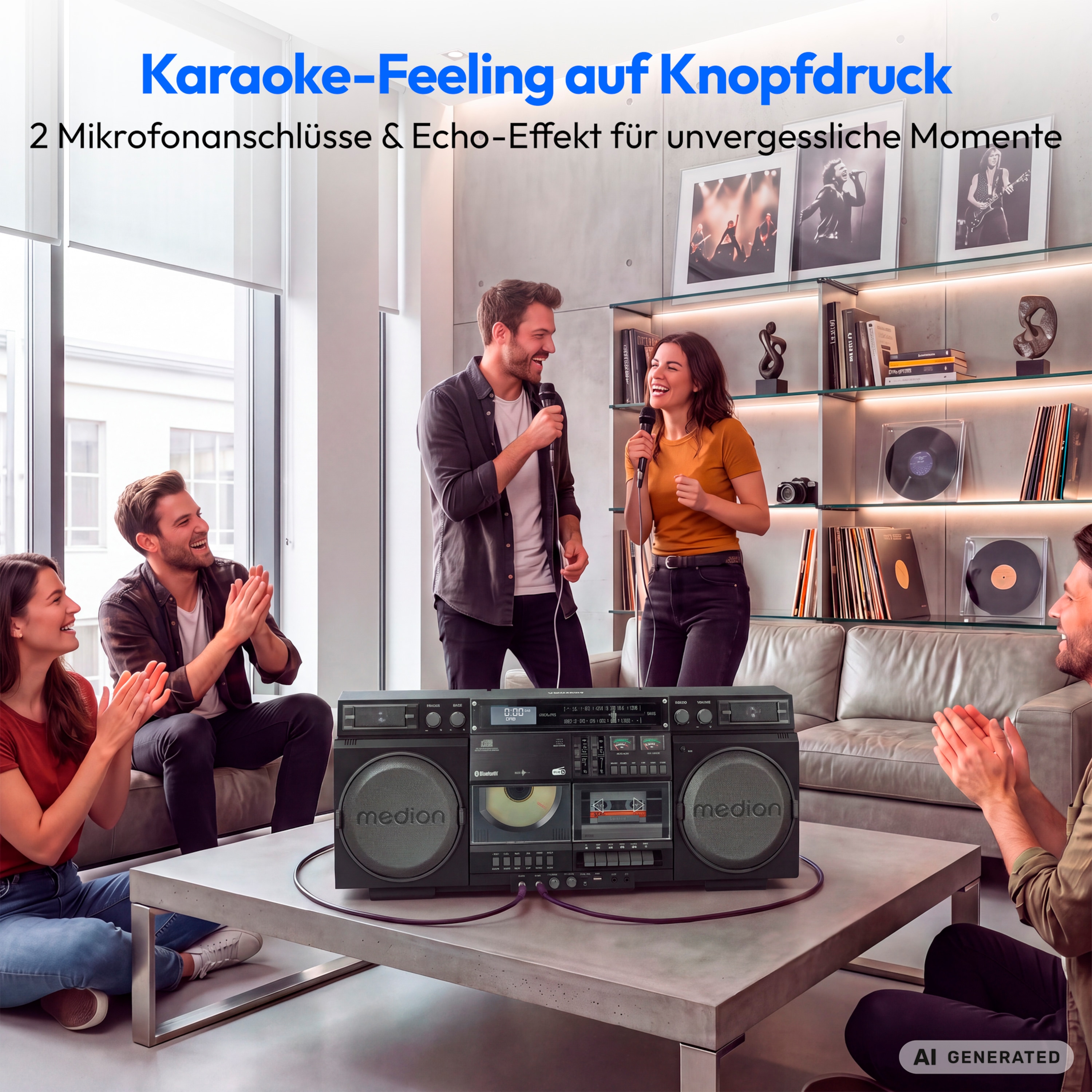 MEDION® LIFE P66538 Retro-Boombox schwarz, DAB+/PLL-UKW Radio, Bluetooth® 5.3 für das Abspielen von Smartphone & Co, CD-Player, Kassettendeck, X-Bass Funktion, 2 x 10 W RMS