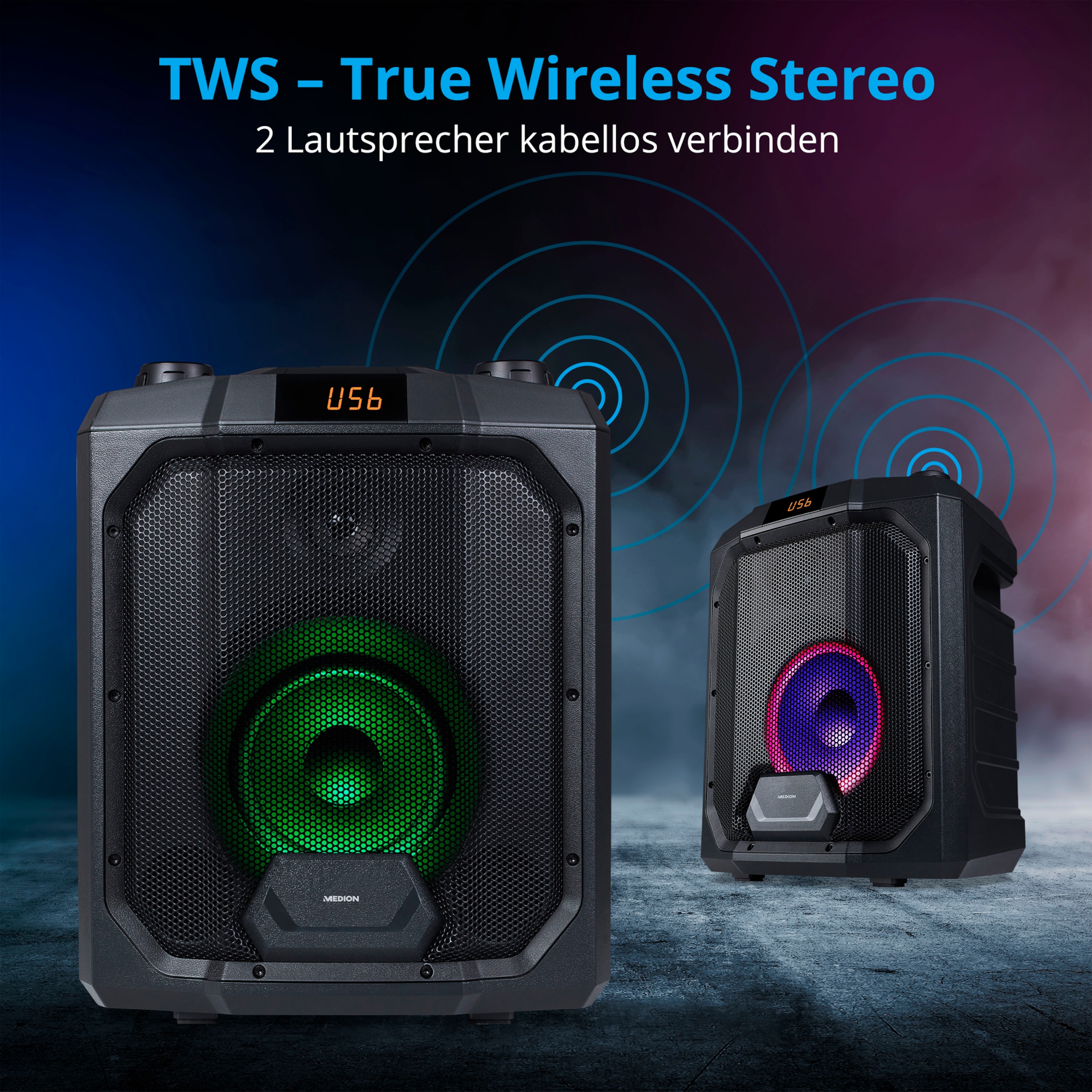 Medion Party Sound System, Mobile PA, Party Speaker, Karaoke, Bluetooth, Compact System, Coloured LED, USB, AUX, Guitar Connection, Microphone