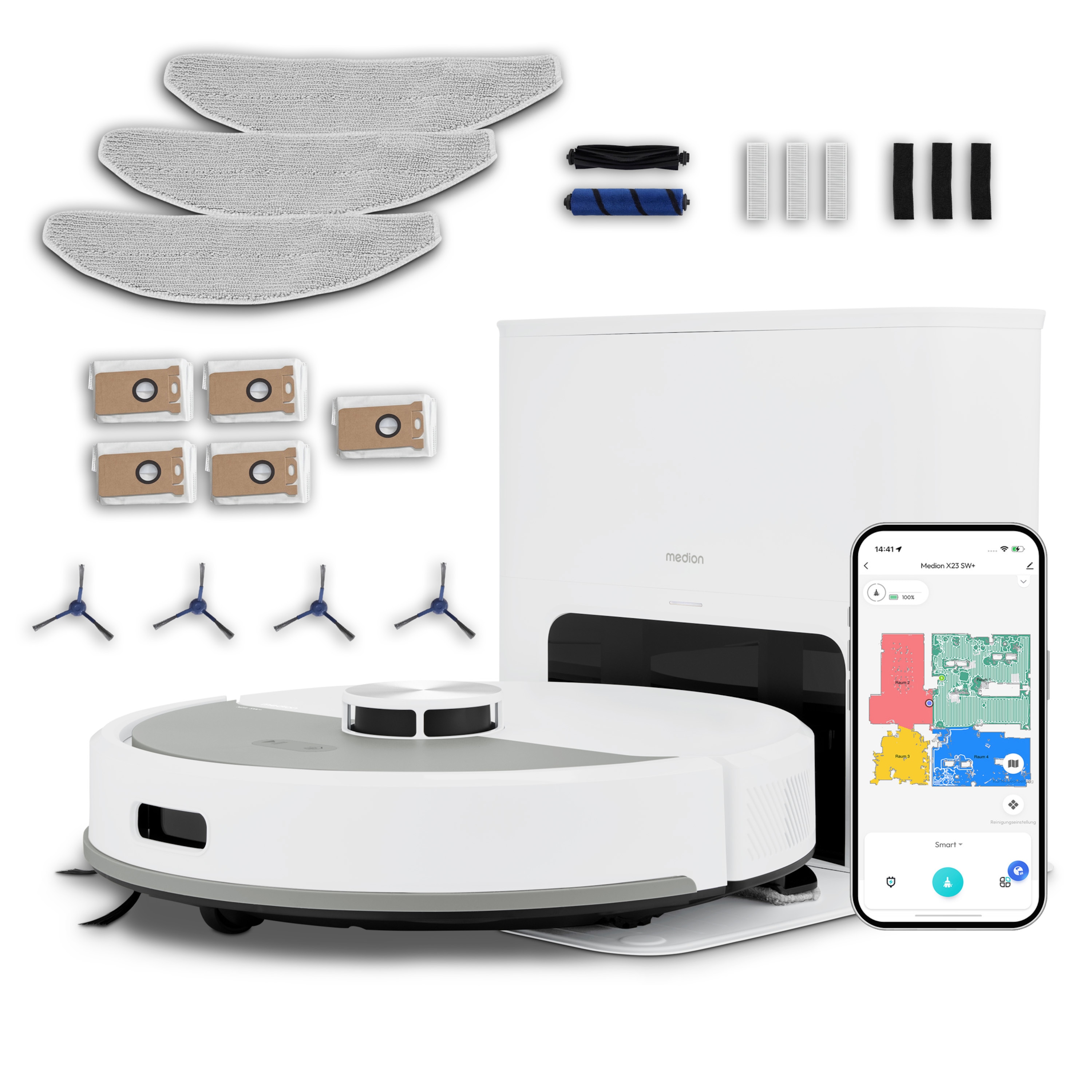 MEDION® Saugroboter mit Absaugstation X23 SW+, Wischfunktion, Lasernavigation, 5.000 Pa Saugkraft, No Go & Go Bereiche, präzise Kartenerstellung, mehrere Etagen, App-Steuerung