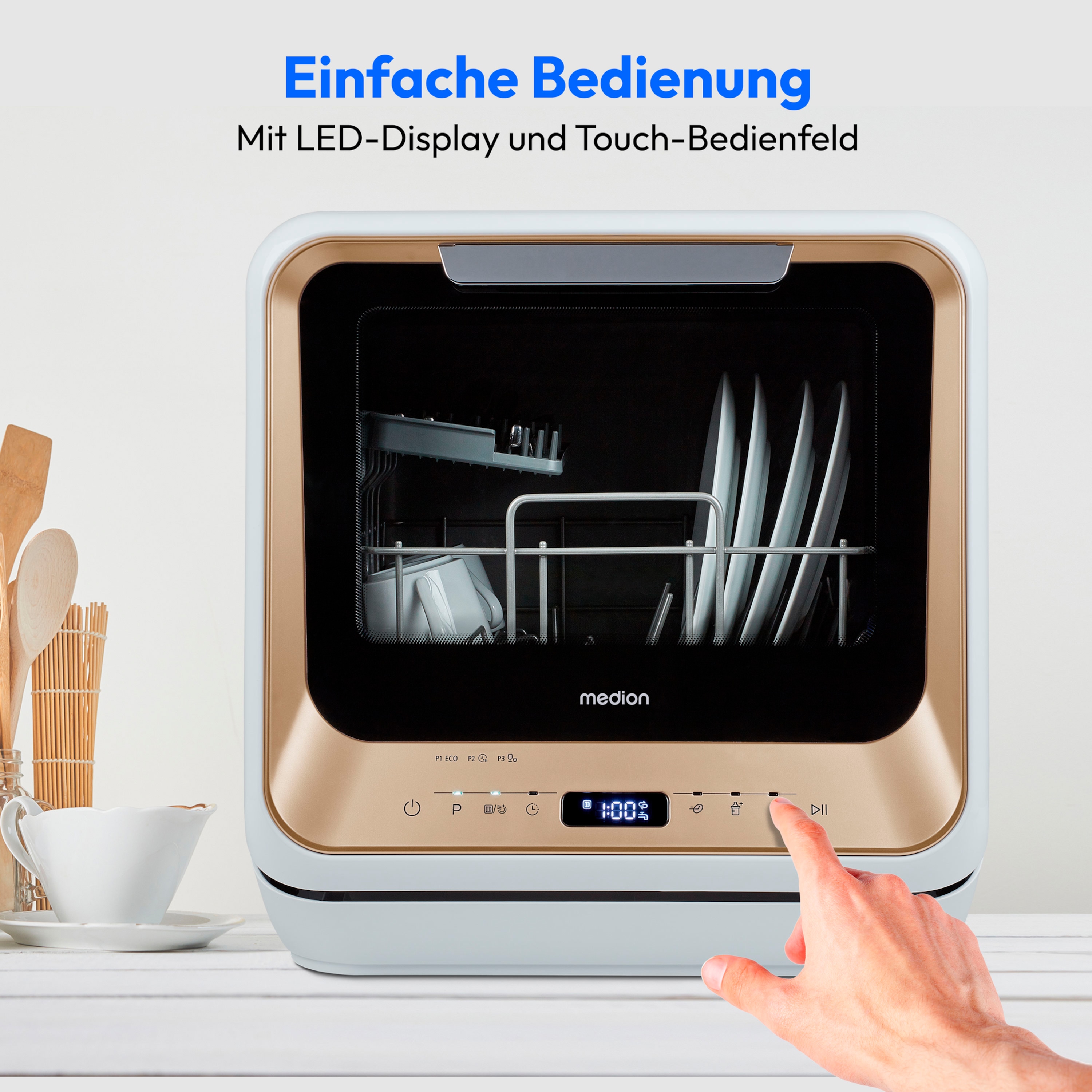 MEDION® LIFE® Mini-Geschirrspüler DWT20 (MD37763), für 2 Gedecke, 6 Reinigungsprogramme, Startzeitvorwahl