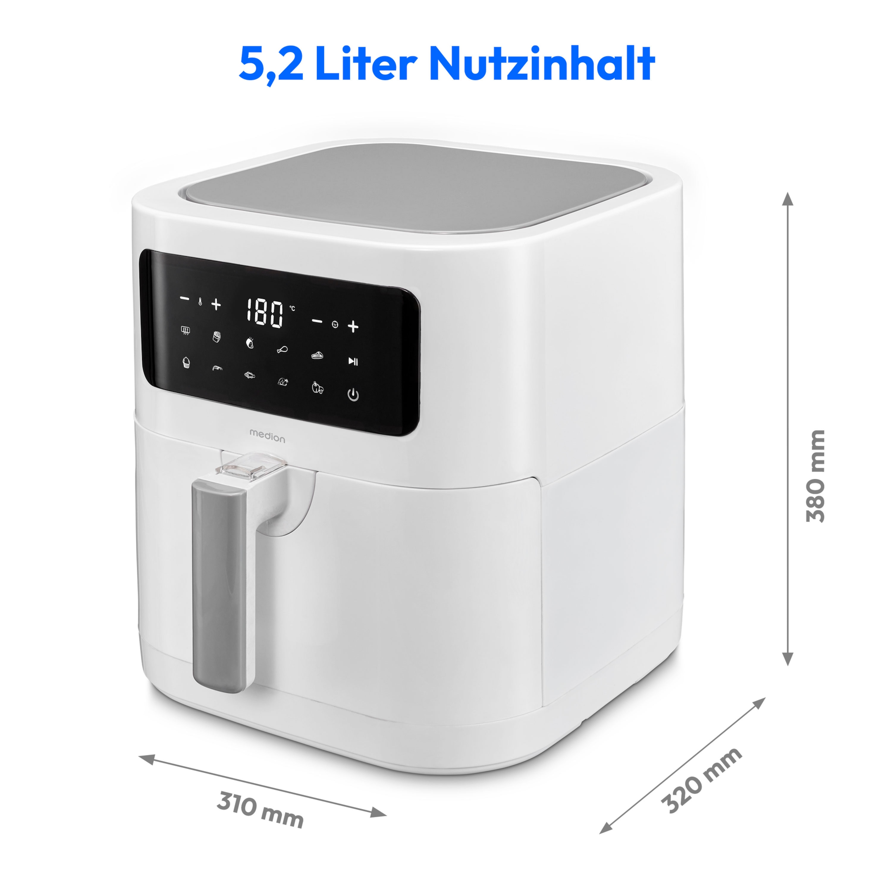 MEDION® LIFE® E40 XL Heißluftfritteuse MD 11740, 100 Rezepte in der Life+ App, ölfreies Frittieren, 9 Automatikprogramme, 5,2 L Korbvolumen