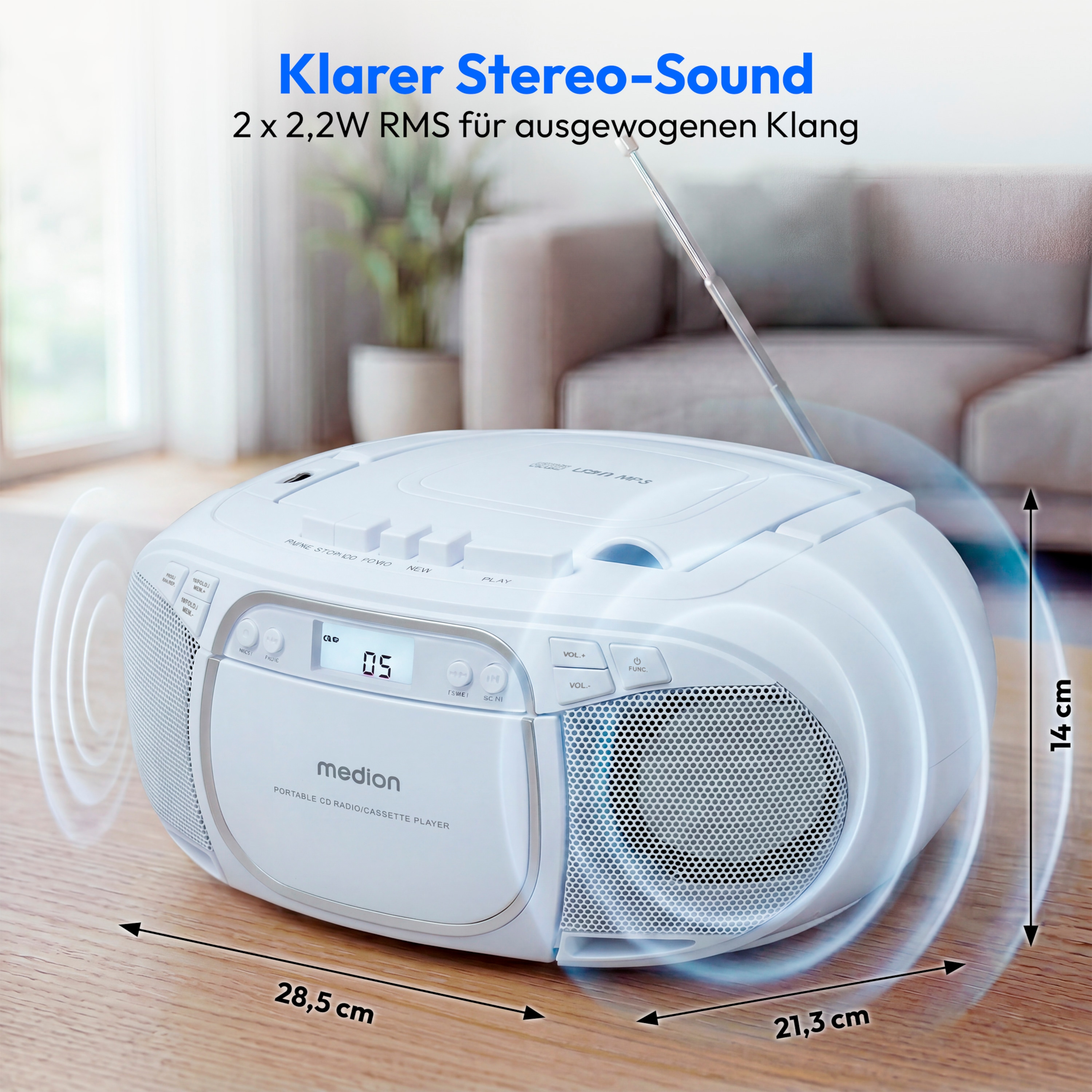 MEDION® LIFE E66476 Tragbare CD-Boombox blau, CD-Player, Kassettendeck, FM-Radio, USB-MP3-Wiedergabe, 30 Senderspeicher, Batteriebetrieb