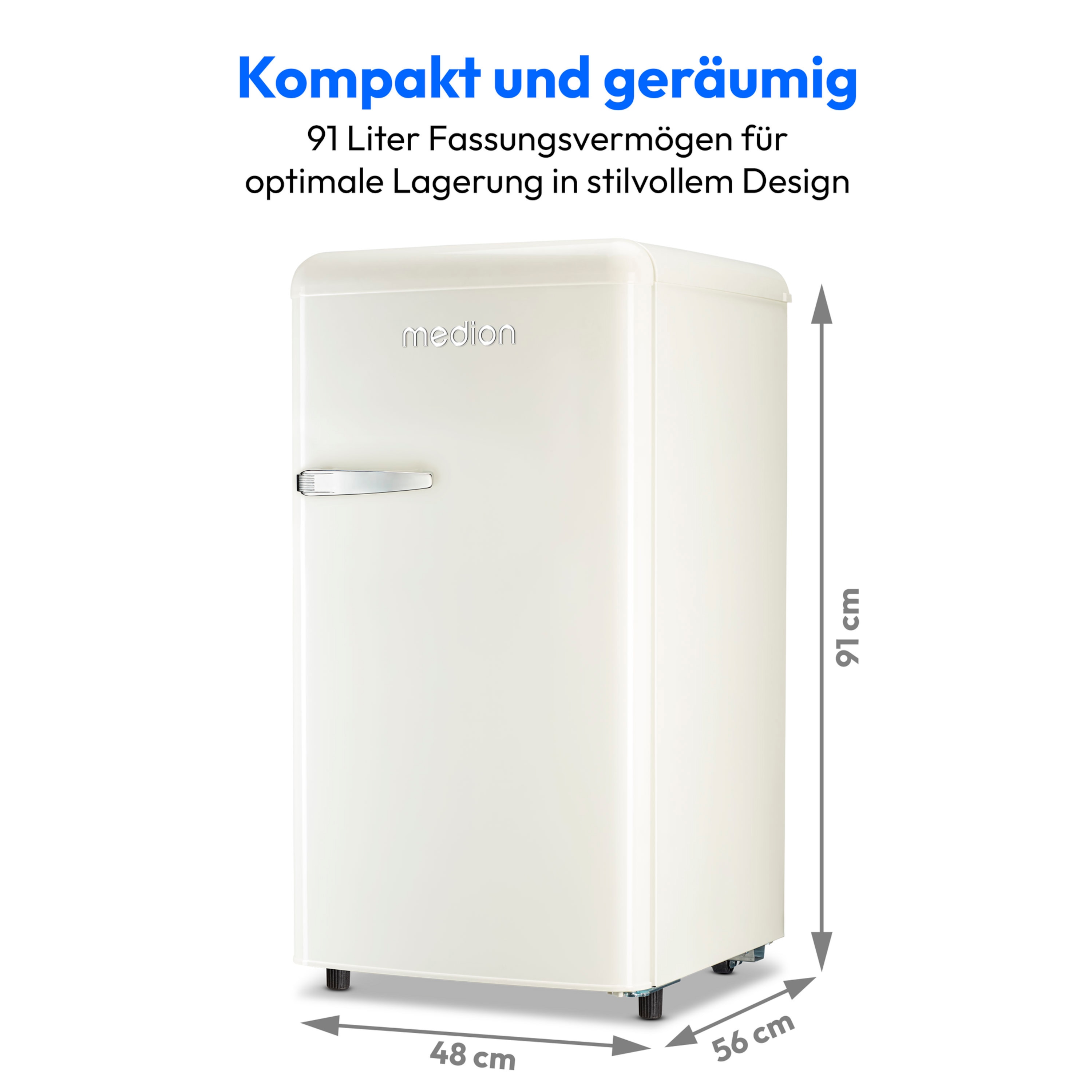 MEDION® LIFE® Retro-Kühlschrank MD 37800, 91 Liter Kühlraum, 38 dB, höhenverstellbare Füße, Energieverbrauch: 85 kWH/Jahr