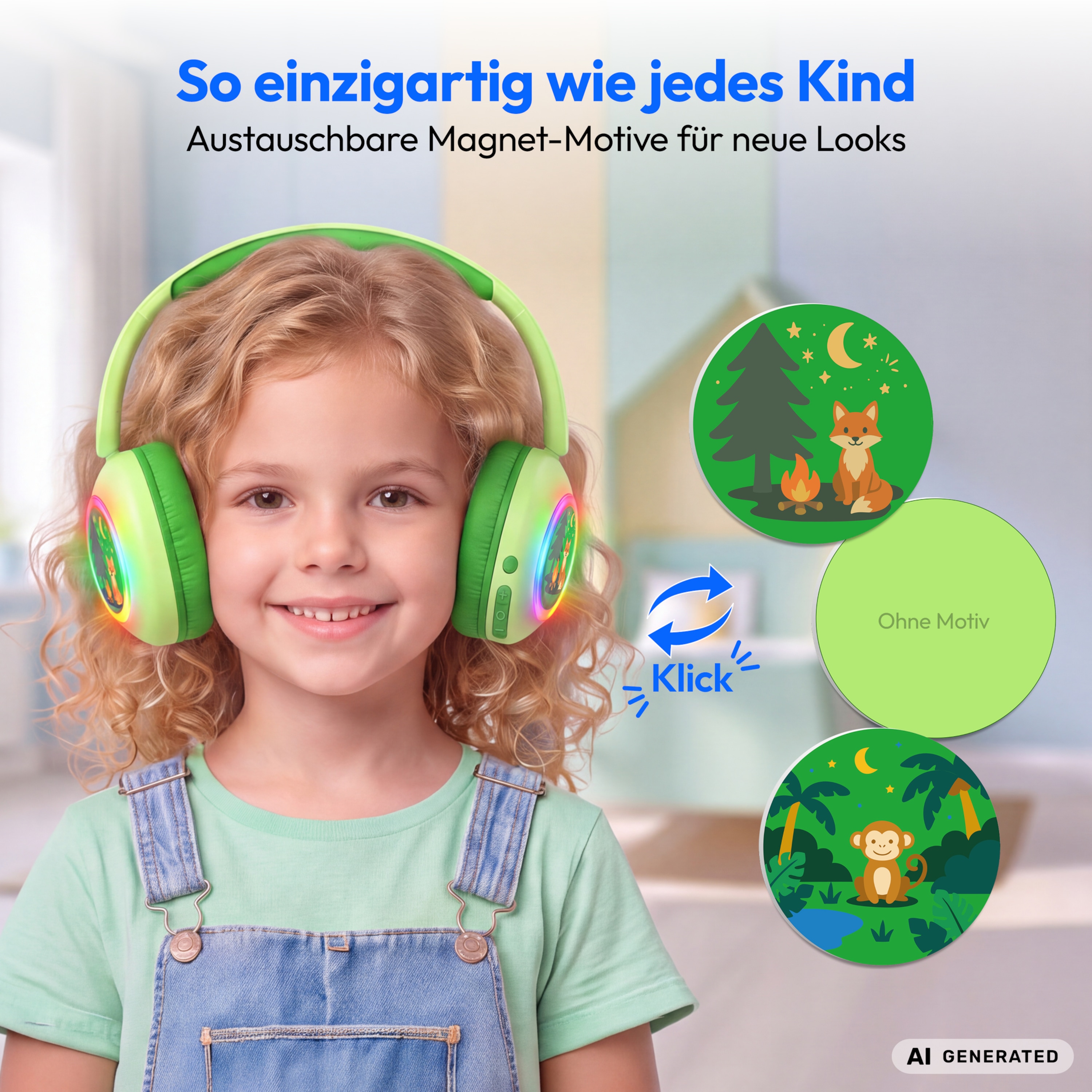 MEDION® LIFE HE-1 Kids Bluetooth Kinderkopfhörer, 3-stufiger Gehörschutz, bis zu 85 Std. Akkulaufzeit, MP3-Player, Bluetooth 5.4, AUX & microSD, LED-Lichtring, austauschbare Designs