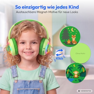 MEDION® LIFE HE-1 Kids Bluetooth Kinderkopfhörer, 3-stufiger Gehörschutz, bis zu 85 Std. Akkulaufzeit, MP3-Player, Bluetooth 5.4, AUX & microSD, LED-Lichtring, austauschbare Designs