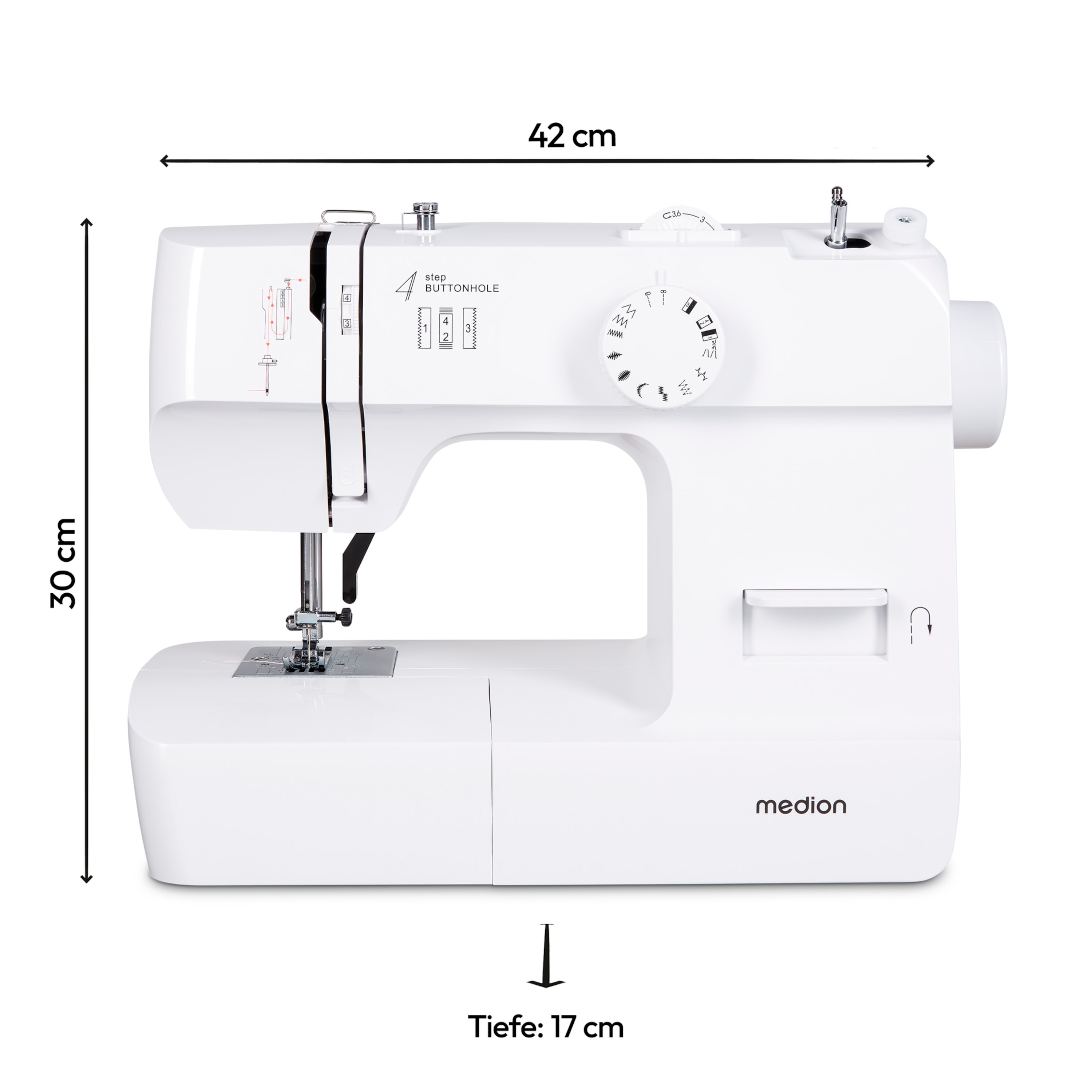 MEDION® LIFE Nähmaschine SM70 (MD 11179), 12 verschiedene Stickmuster, 4 Schritte Knopfloch, einstellbare Stichlänge, 70 Watt Motorleistung