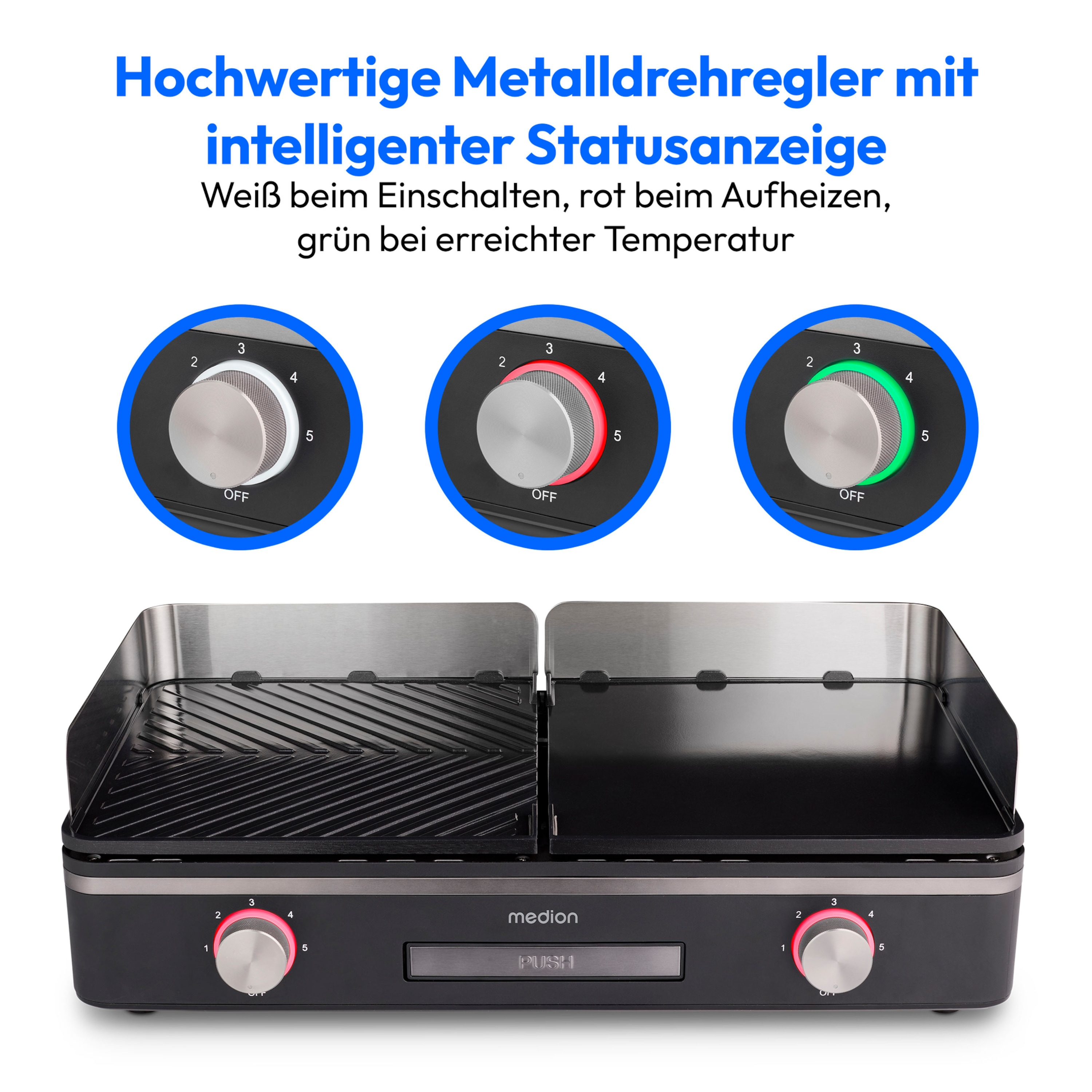 MEDION® LIFE Tischgrill mit Dual-Zonen-System (MD12027), 2,400 Watt, 2 abnehmbare Platten, LED-Statusanzeige (weiß, rot, grün), IPX4-Schutz