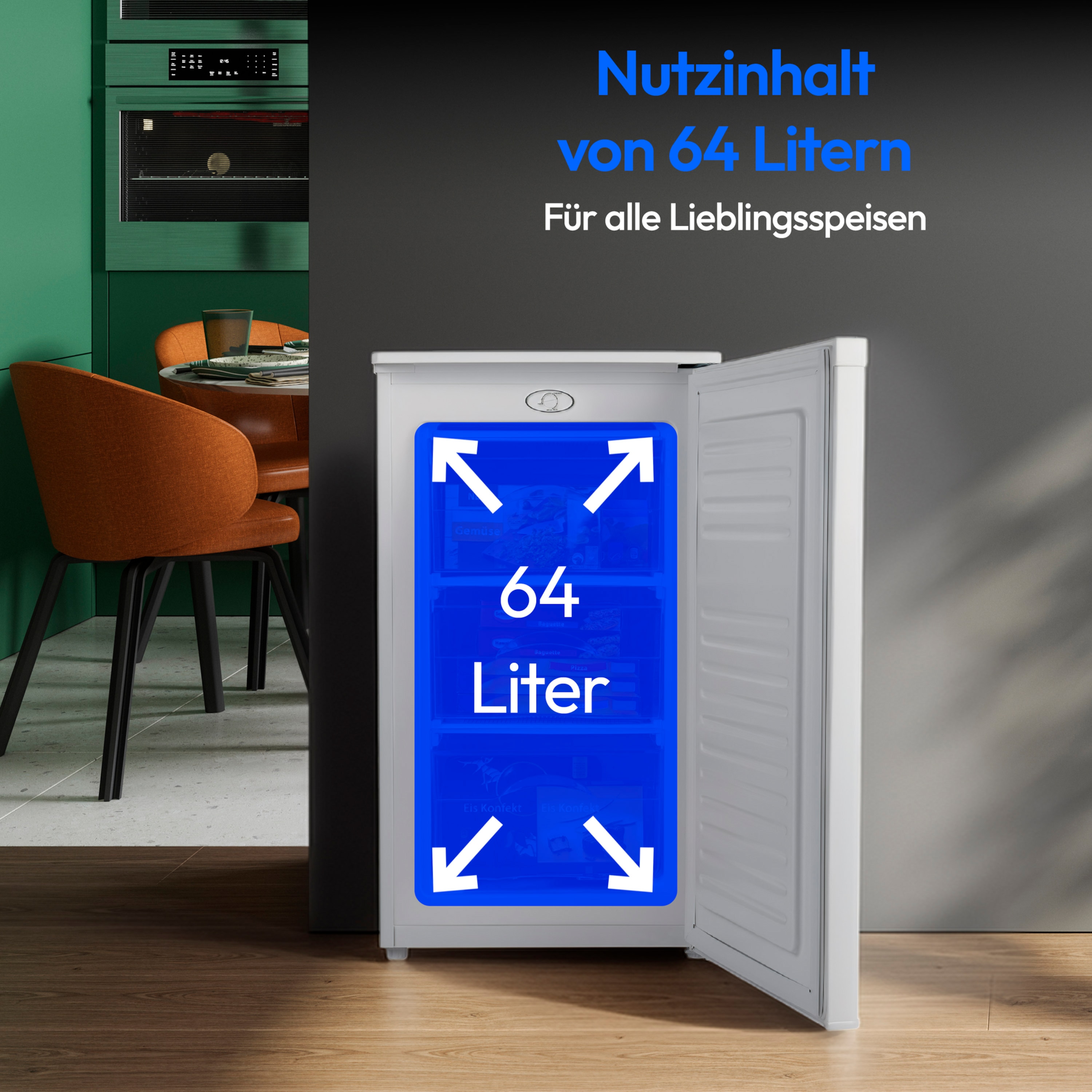 MEDION® LIFE Gefrierschrank MD 37688, 64 l Volumen, mechanische Temperatureinstellung, wechselbarer Türanschlag, 3 Schubladen