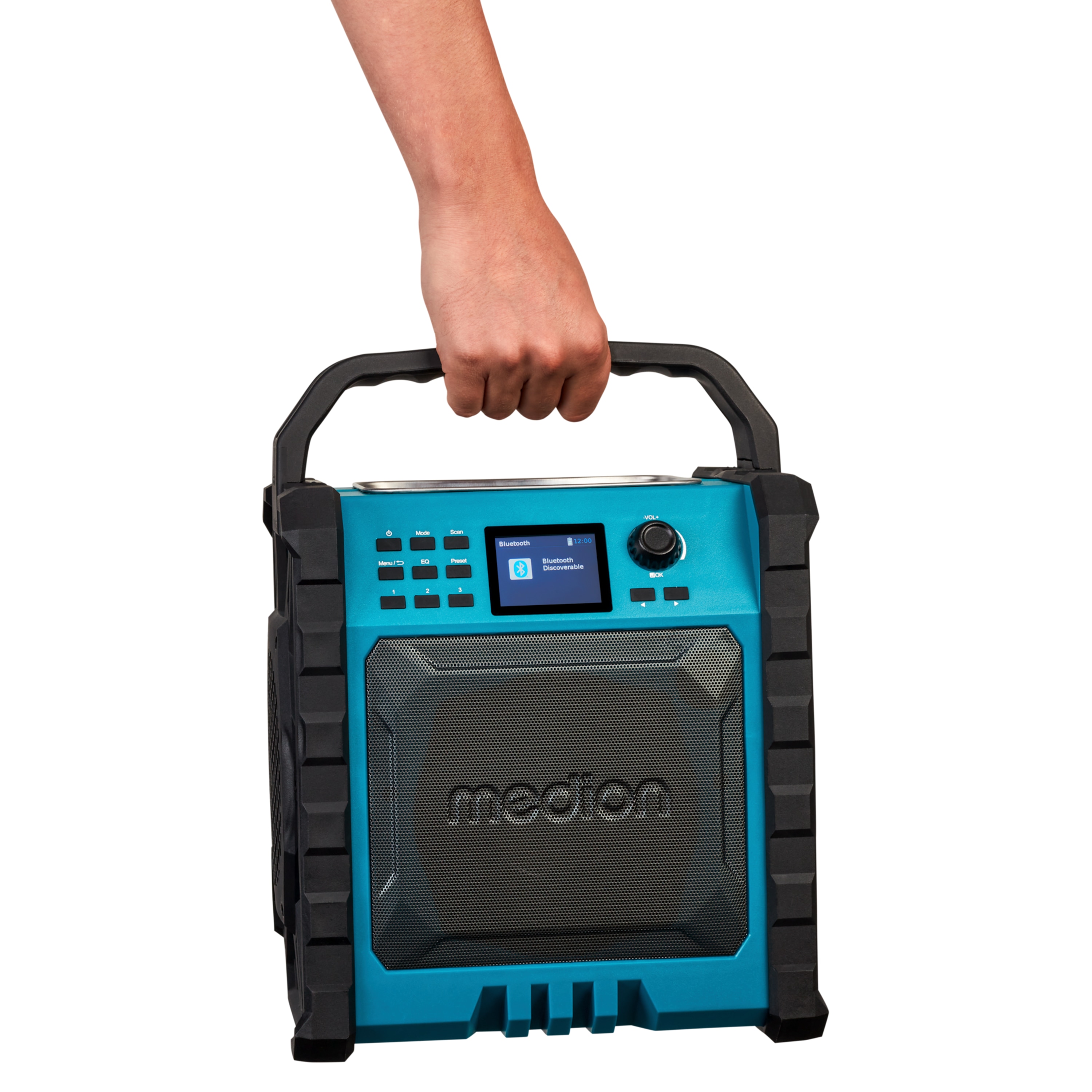 MEDION® LIFE® P66896 Premium Baustellenradio, 6,1 cm (2,4'') Farbdisplay, Bluetooth® 5.3, DAB+/UKW Radio, integr. Akku für bis zu 10 Stunden Laufzeit, zwei Passivradiatoren, 30 W RMS