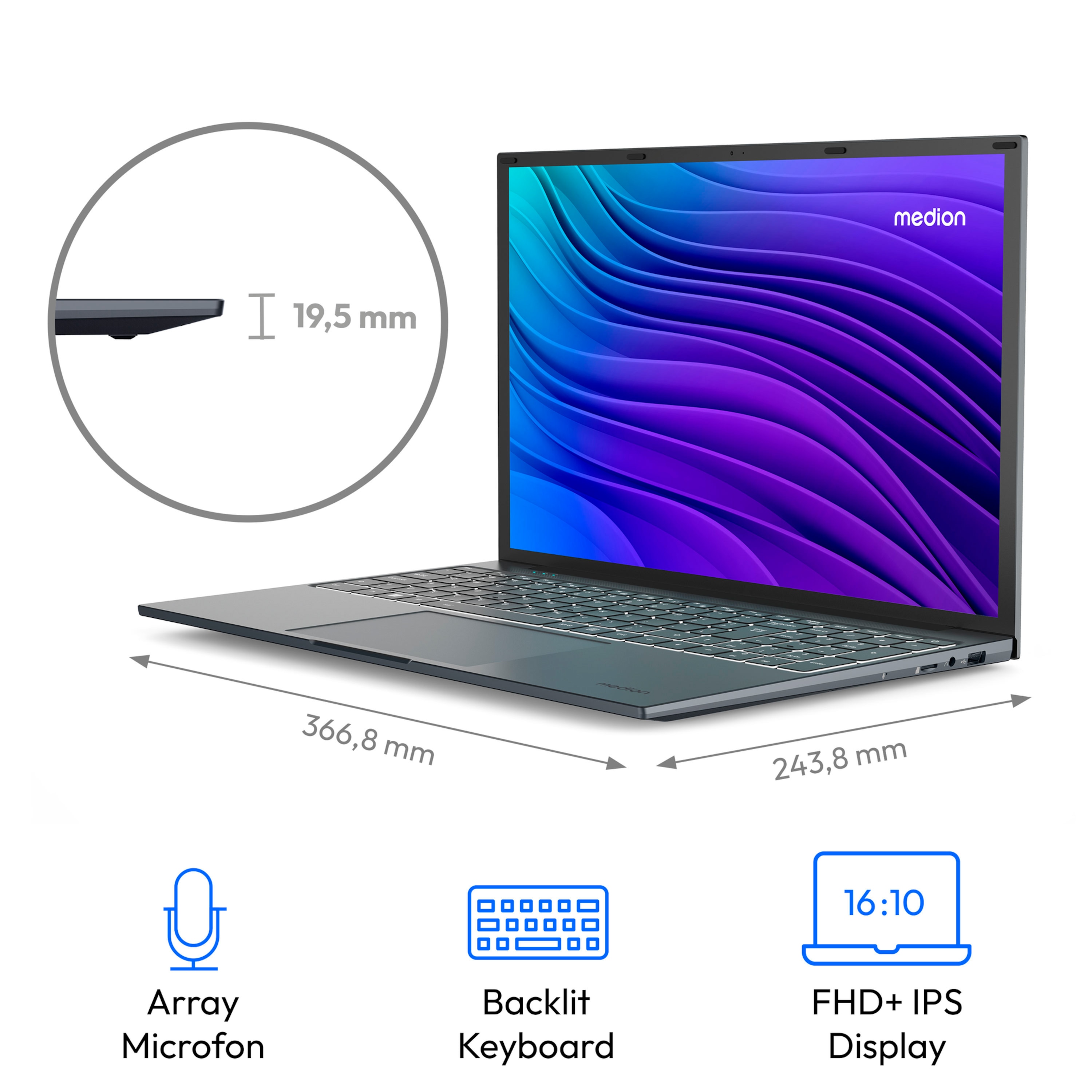 MEDION E16433, Intel® Core™ i5-1235U, Windows&nbsp;11&nbsp;Home, 40,6 cm (16,0'') FHD+ Display, Intel® Iris® Xe Grafik, 1 TB SSD, 16 GB RAM, Laptop