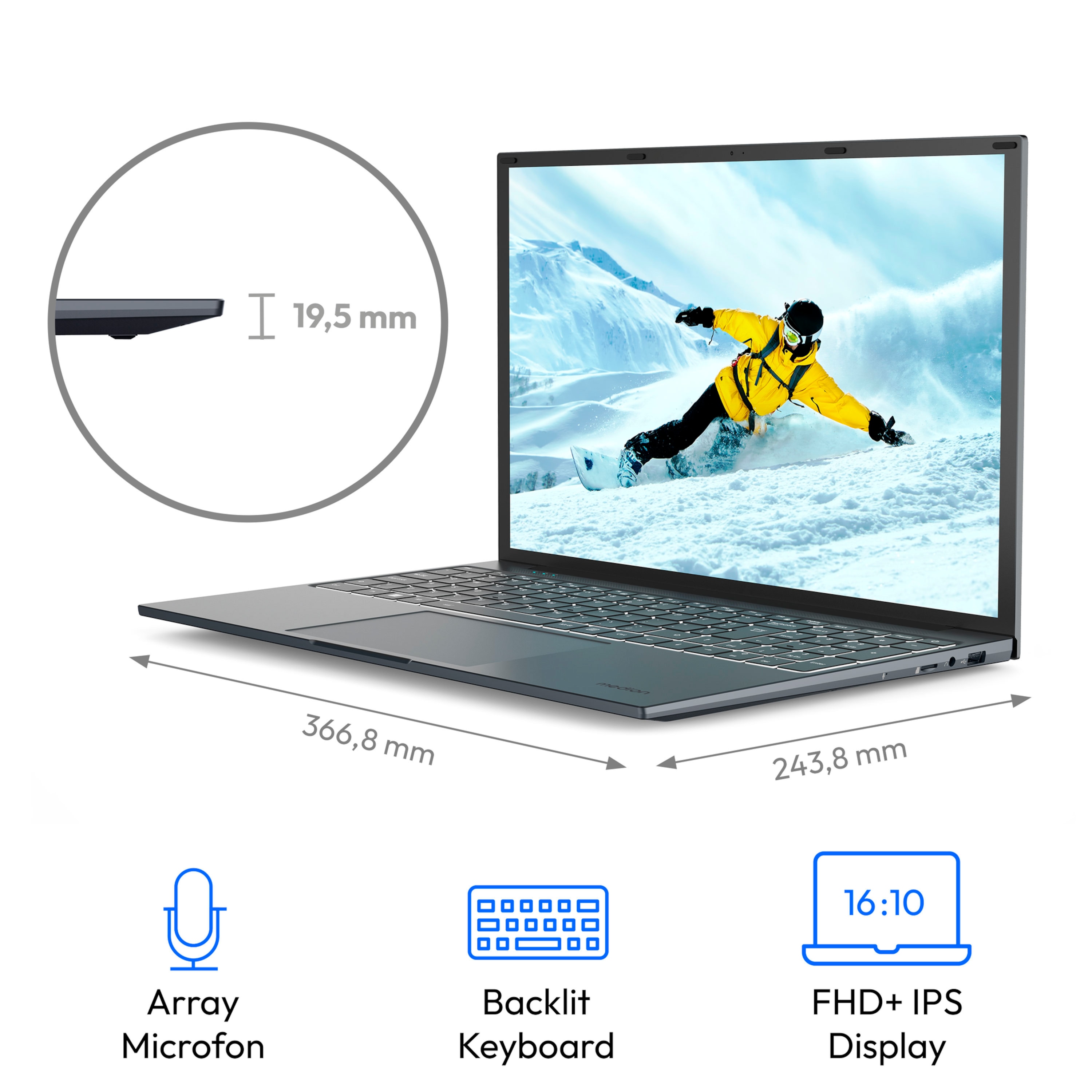 MEDION® E16433 Laptop, Intel® Core™ i7-1255U, Window 11 Home, 40,6 cm (16,0'') FHD+ Display, Intel® Iris® Xe Grafik, 1 TB SSD, 16 GB RAM