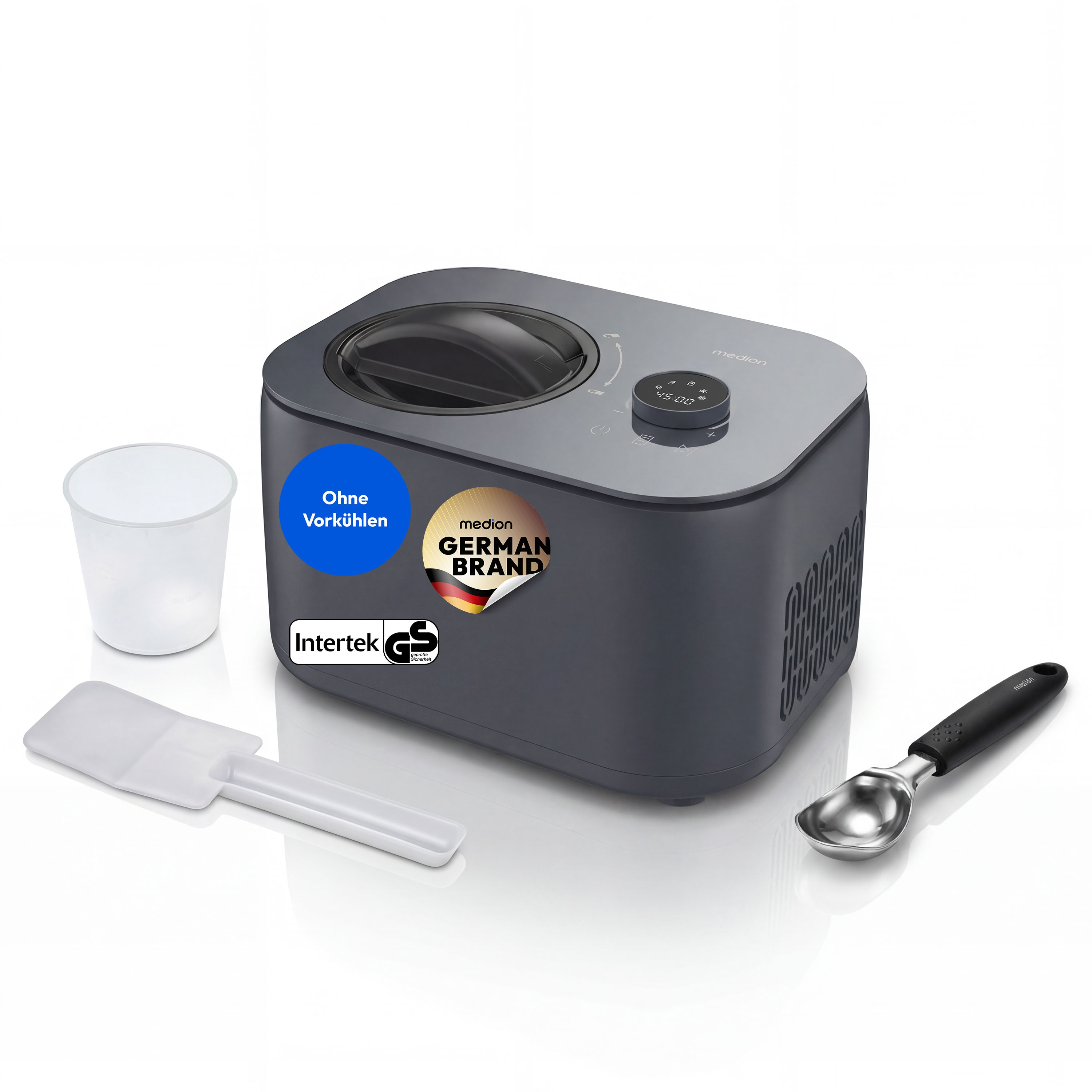 MEDION® LIFE Eismaschine MD 100116, Kapazität für 1 L Eis, kein Vorkühlen notwendig, LED-Display mit Sensor-Touch, entnehmbarer Aluminium-Eisbehälter, geeignet für die Zubereitung von Eiscreme, Joghurt & Sorbet