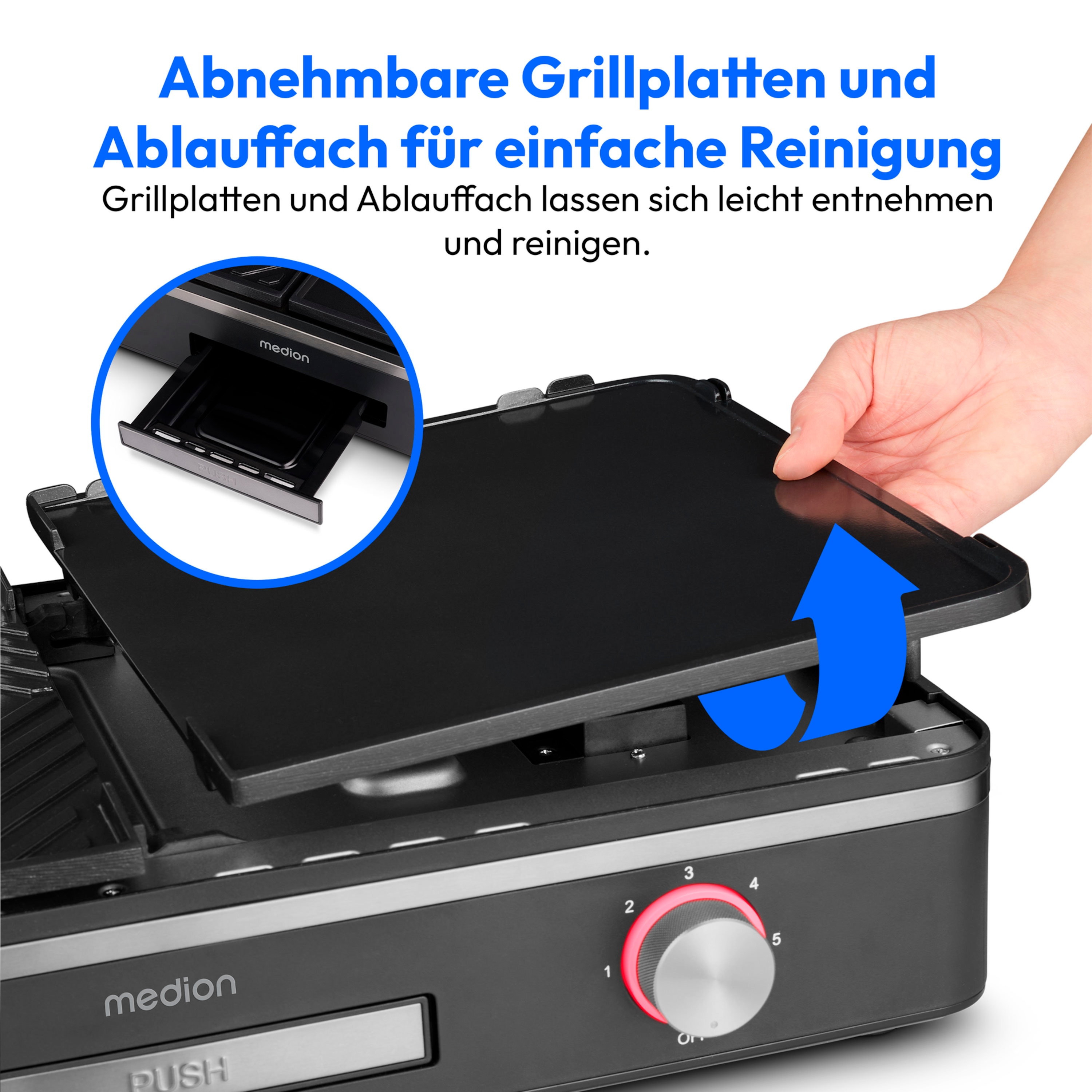 MEDION® LIFE Tischgrill mit Dual-Zonen-System (MD12027), 2,400 Watt, 2 abnehmbare Platten, LED-Statusanzeige (weiß, rot, grün), IPX4-Schutz
