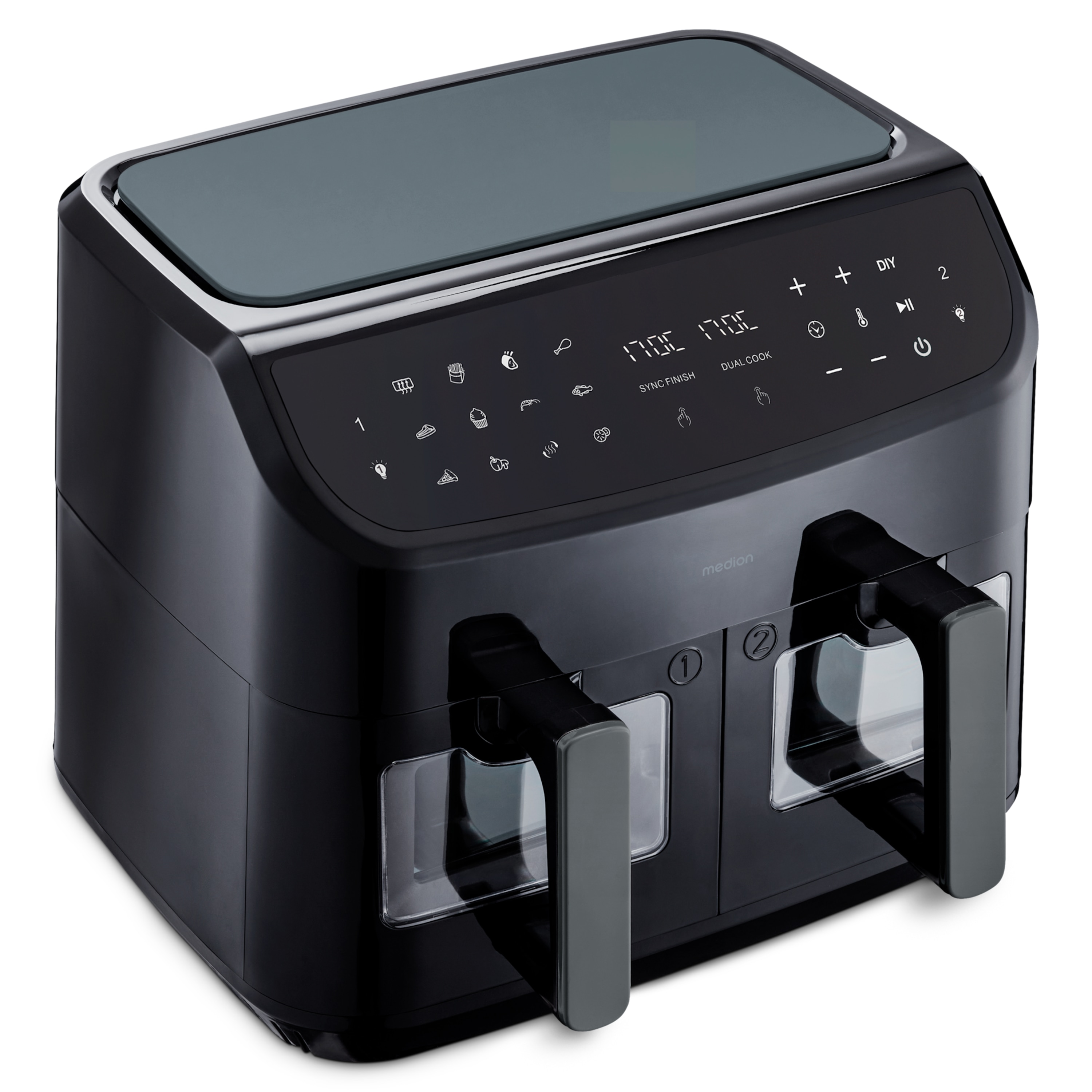 MEDION® LIFE® P20 XXL Twin Doppelzonen-Heißluftfritteuse MD 11760, 100 Rezepte in der Life+ App, 2 separate Garzonen, 9 Automatikprogramme, 8,7 L Gesamt-Nutzinhalt, 2.600 Watt, Temperatur einstellbar bis 200 °C