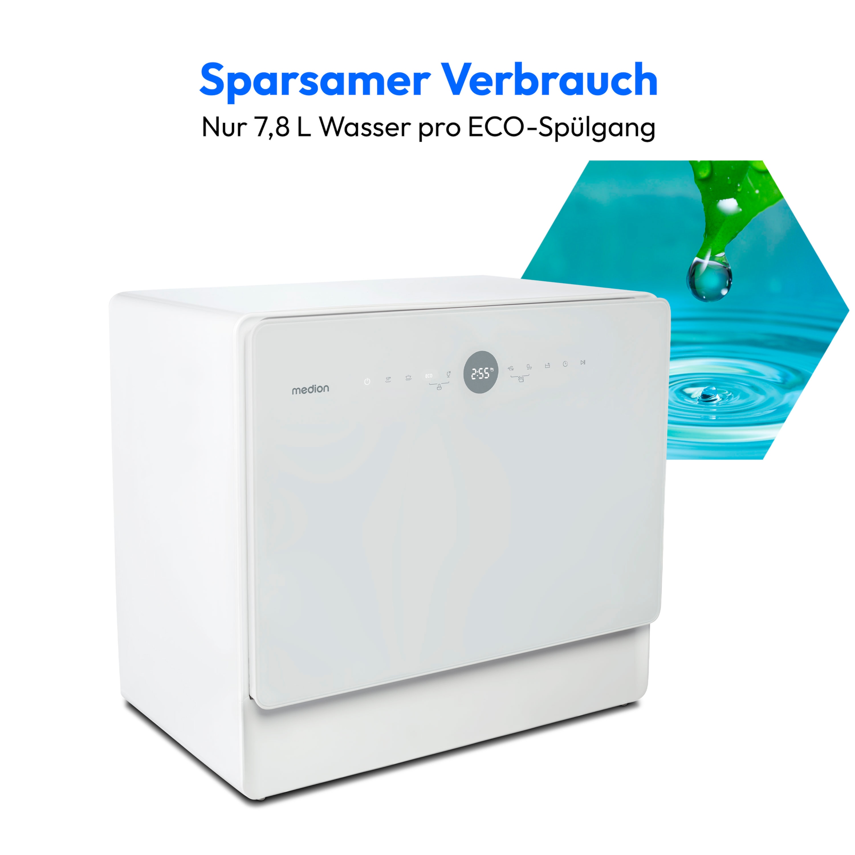 MEDION® LIFE® Tischgeschirrspüler DWT50 (MD 37775), 7 Reinigungsprogramme, Wasseranschluss, für 5 Gedecke, EasyFit Design, Touch-Bedienfeld, LED-Display