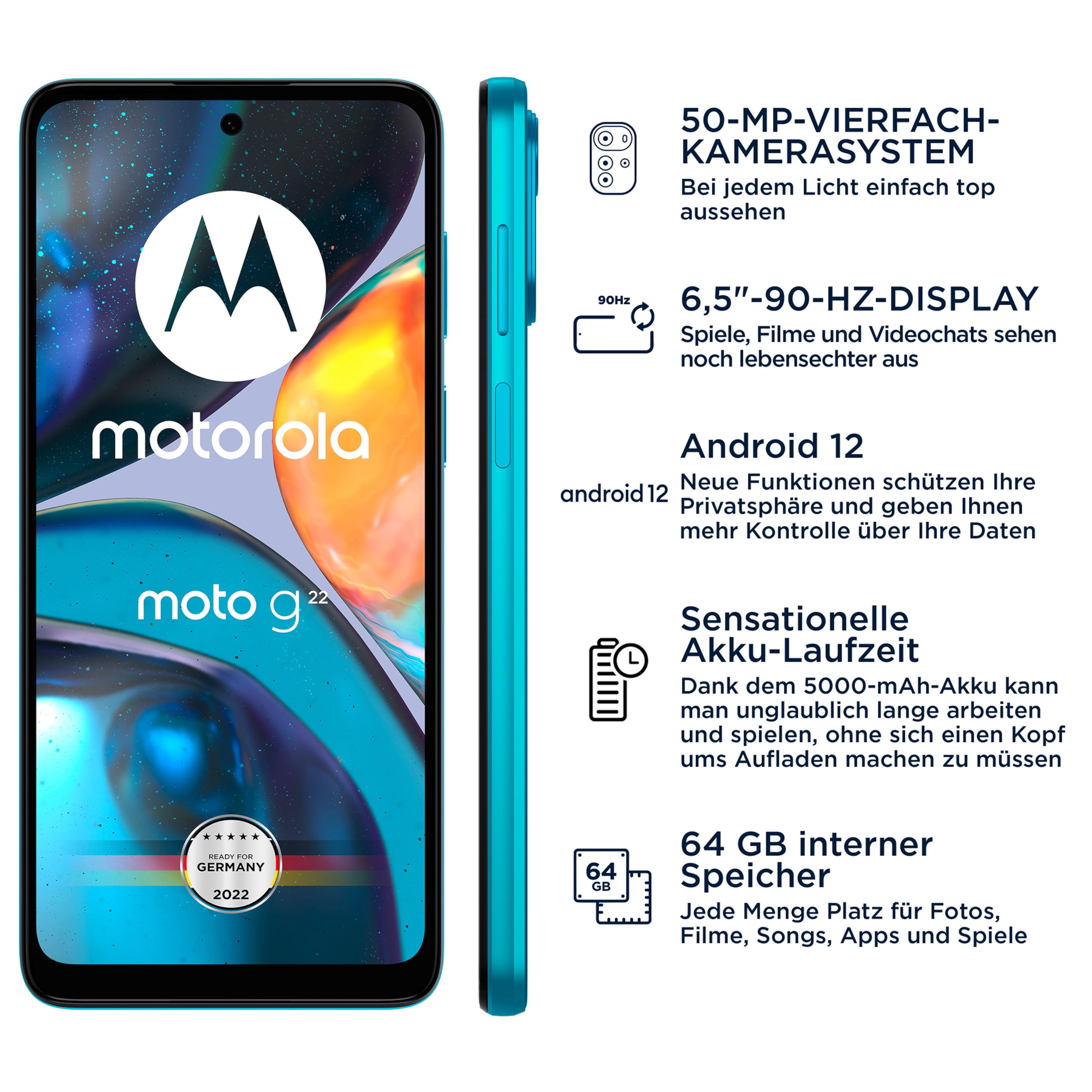 MOTOROLA moto g22 Smartphone, 16,51 cm (6,5") HD+ Display, Betriebssystem Android™ 12, 64 GB interner Speicher, 4 GB RAM, Fingerabdrucksensor, Farbe: Iceberg Blue