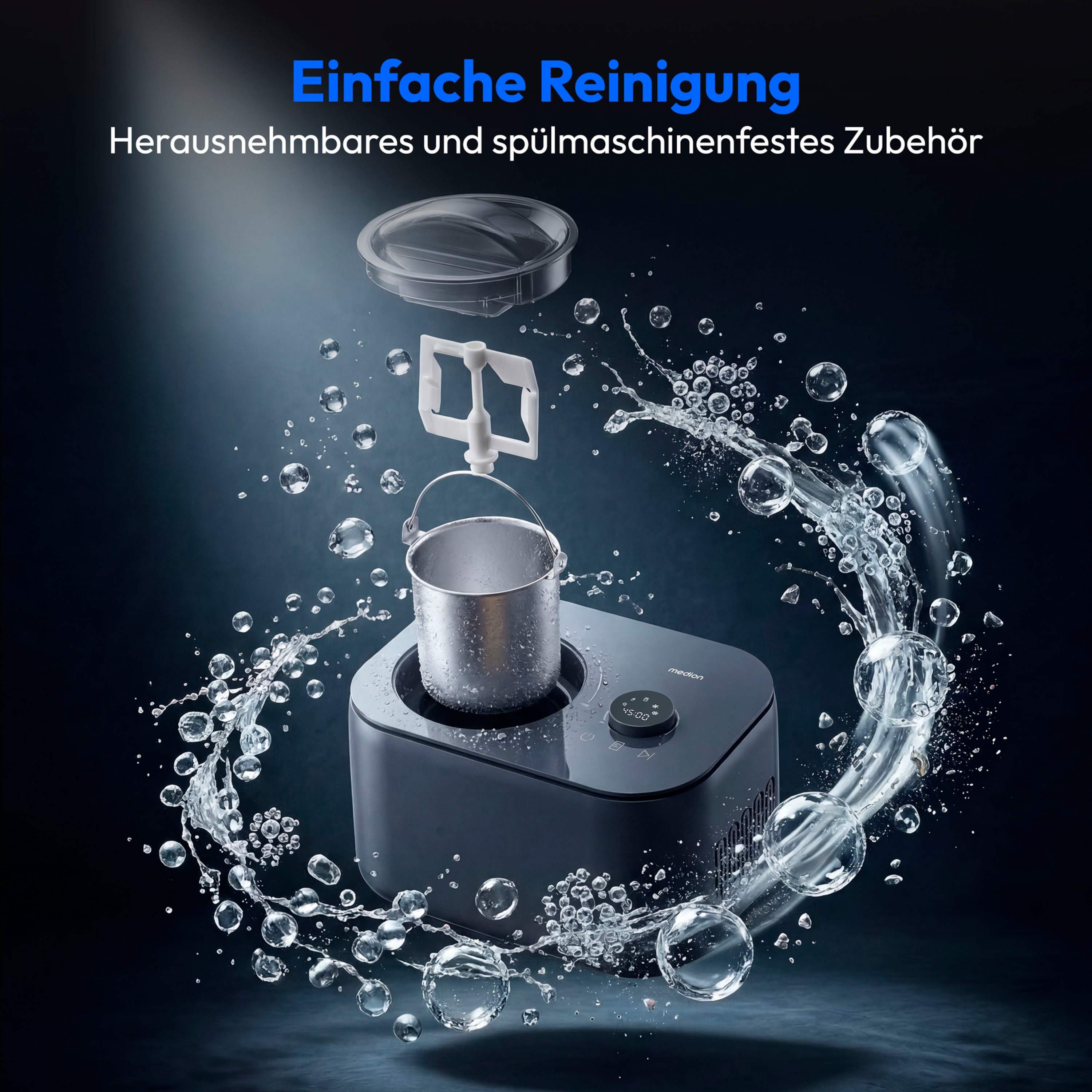 MEDION® LIFE Eismaschine MD 100116, Kapazität für 1 L Eis, kein Vorkühlen notwendig, LED-Display mit Sensor-Touch, entnehmbarer Aluminium-Eisbehälter, geeignet für die Zubereitung von Eiscreme, Joghurt & Sorbet