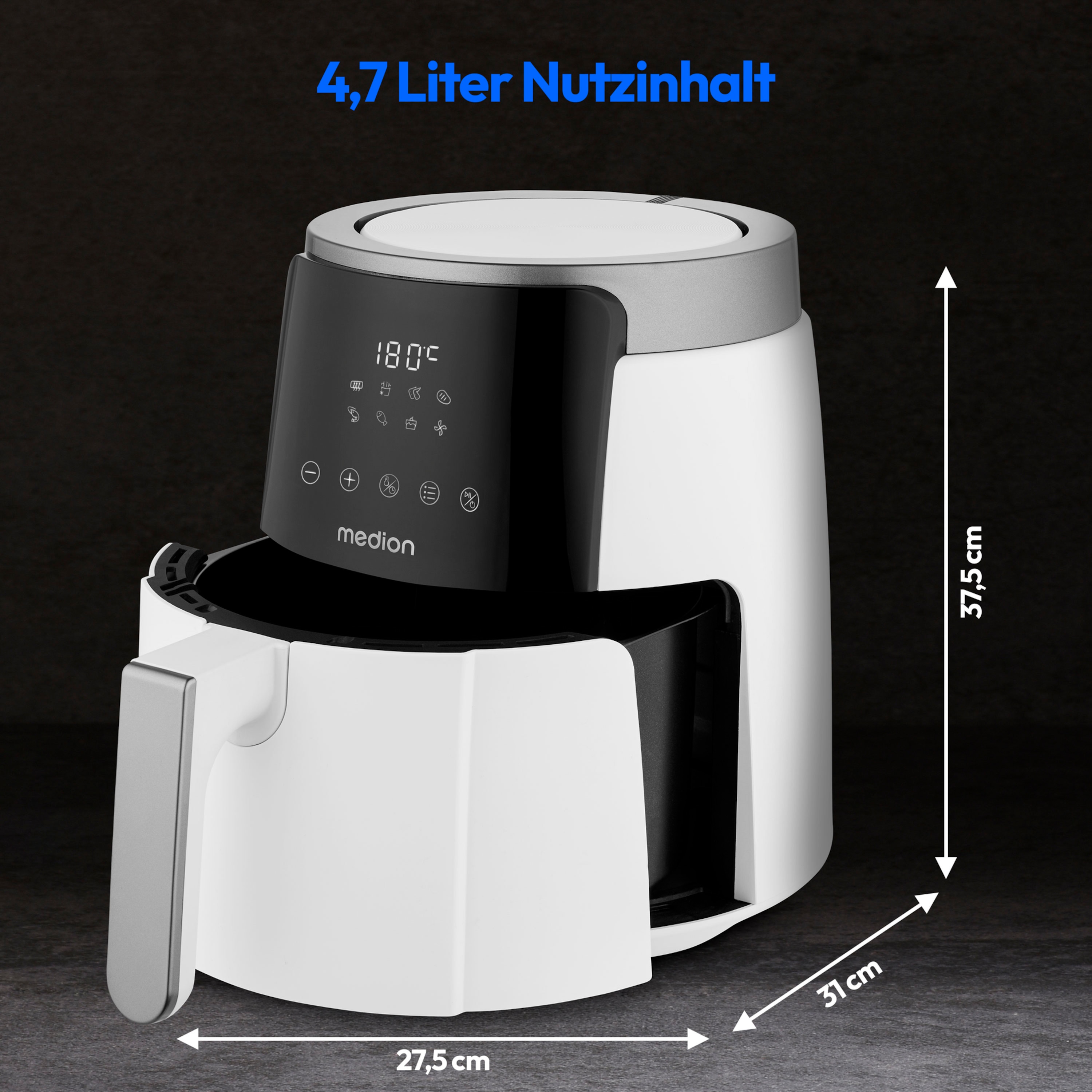 MEDION® LIFE HeißluftFritteuse P40 L (MD13030), 100 Rezepte in der Life+ App¹, Touch-Sensor- Bedienfeld, 4,7 Liter Fassungsvermögen, 8 Automatikprogramme,1.500 Watt, 60 min. Timer, 100