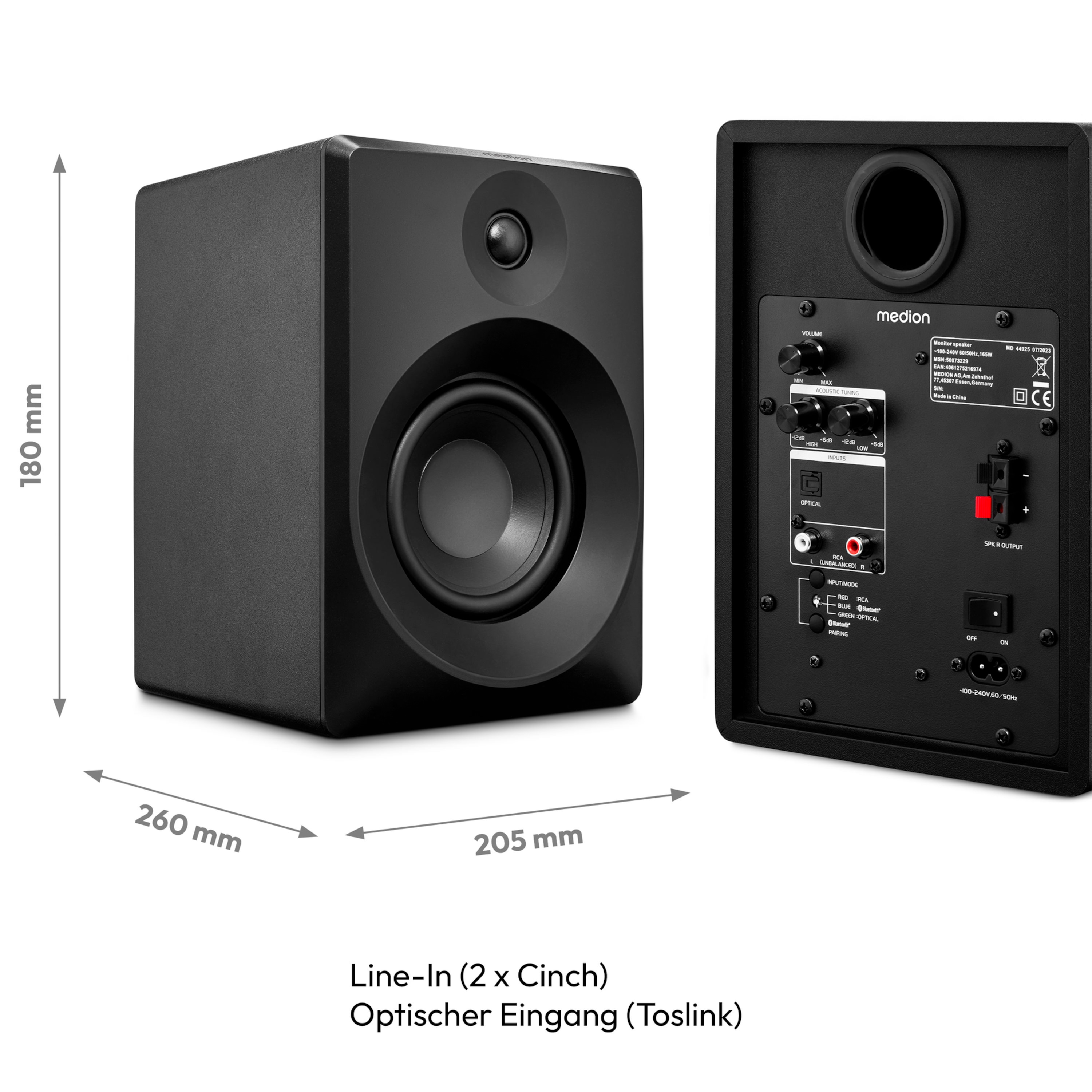 MEDION® LIFE® P61925 Regallautsprecher, aktiver & passiver Lautsprecher, 2-Wege-System, Bluetooth® 5.0, Stereo-Sound mit integriertem Hochtöner und Subwoofer, 2 x 50 W RMS