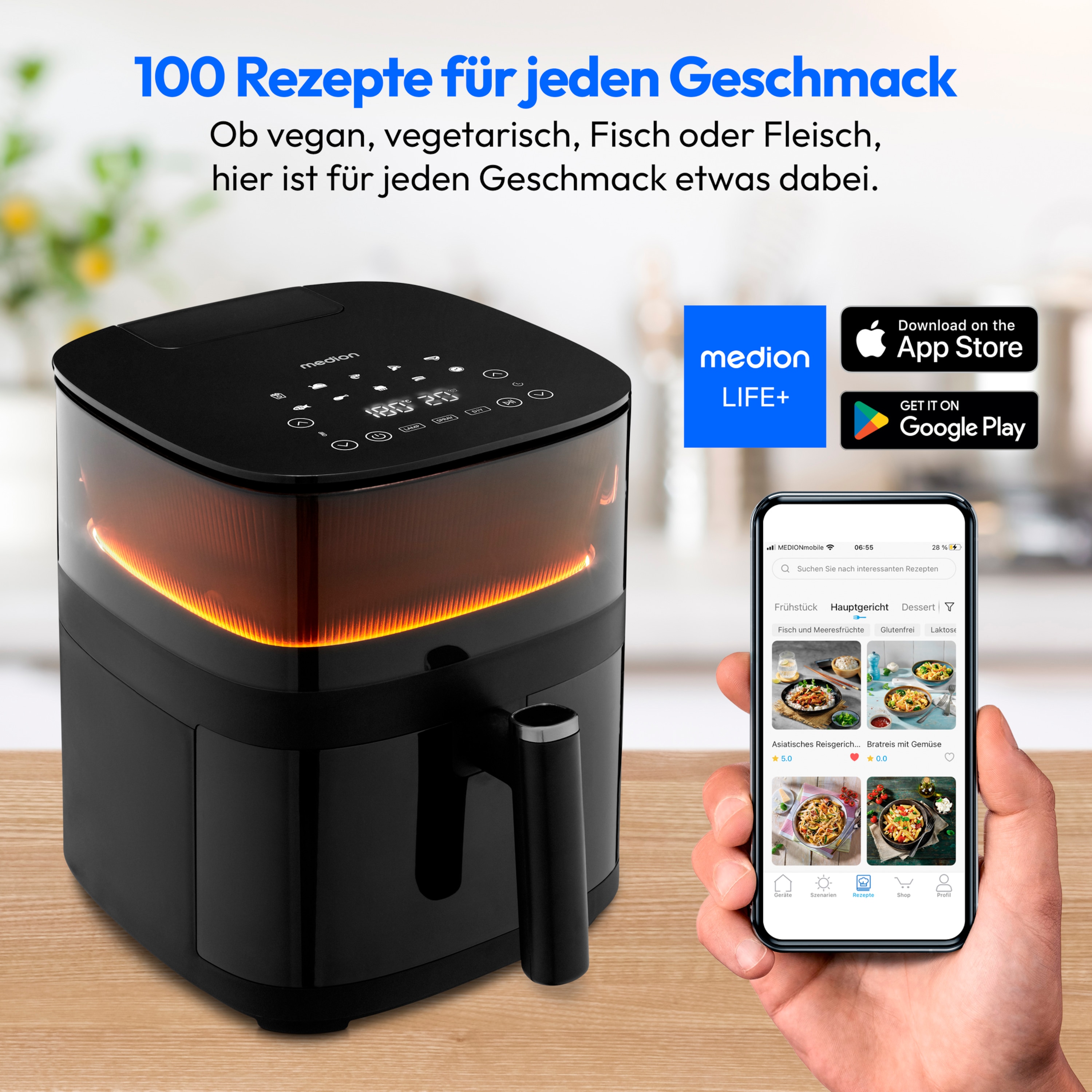 MEDION® LIFE® X10 XL Heißluftfritteuse MD 11780, 100 Rezepte in der Life+ App, innovative Wassersprayfunktion, 10 Automatikprogramme, ca. 5 L Korbvolumen, Temperatur einstellbar bis 230 °C