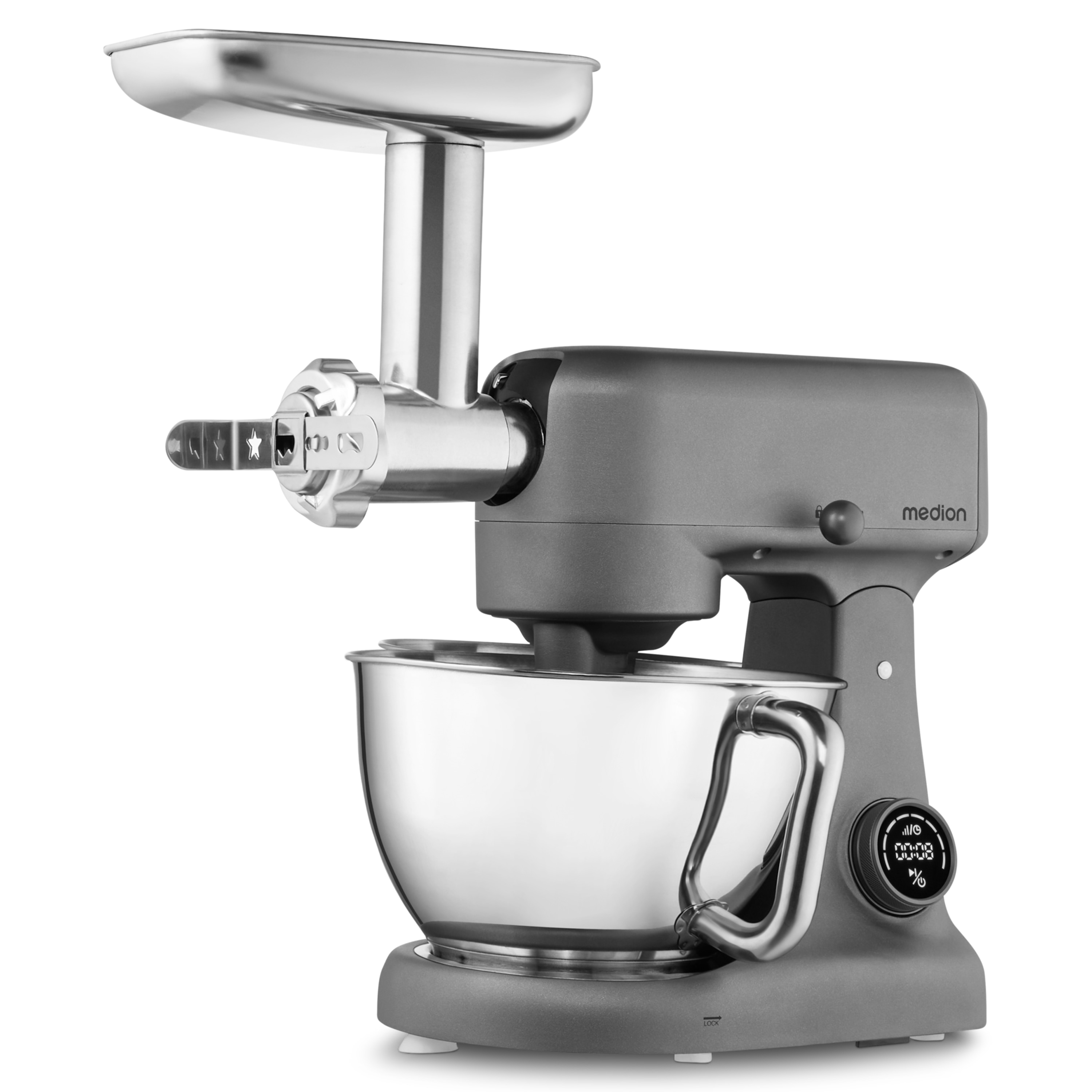 MEDION® LIFE Digitale Küchenmaschine MD12600, 800 W Gleichstrommotor, Energiesparend, Ultraleise, Digitales Sensor-Touch-Display, 4,6 L Edelstahlschüssel, Inkl. Fleischwolf