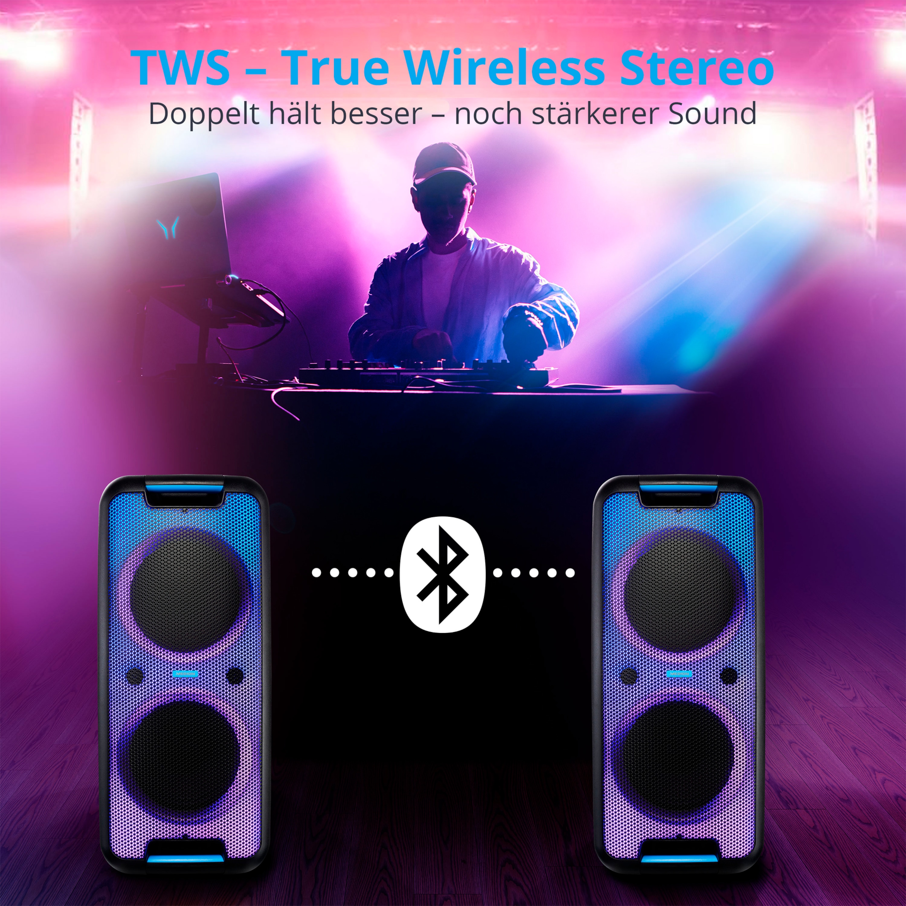 MEDION® 2x LIFE® P61080 Partylautsprecher, tragbares Bluetooth® Soundsystem, verschiedene Lichteffekte, satter Sound, True Wireless Stereo Funktion, 2 x 45 W RMS - ARTIKELSET