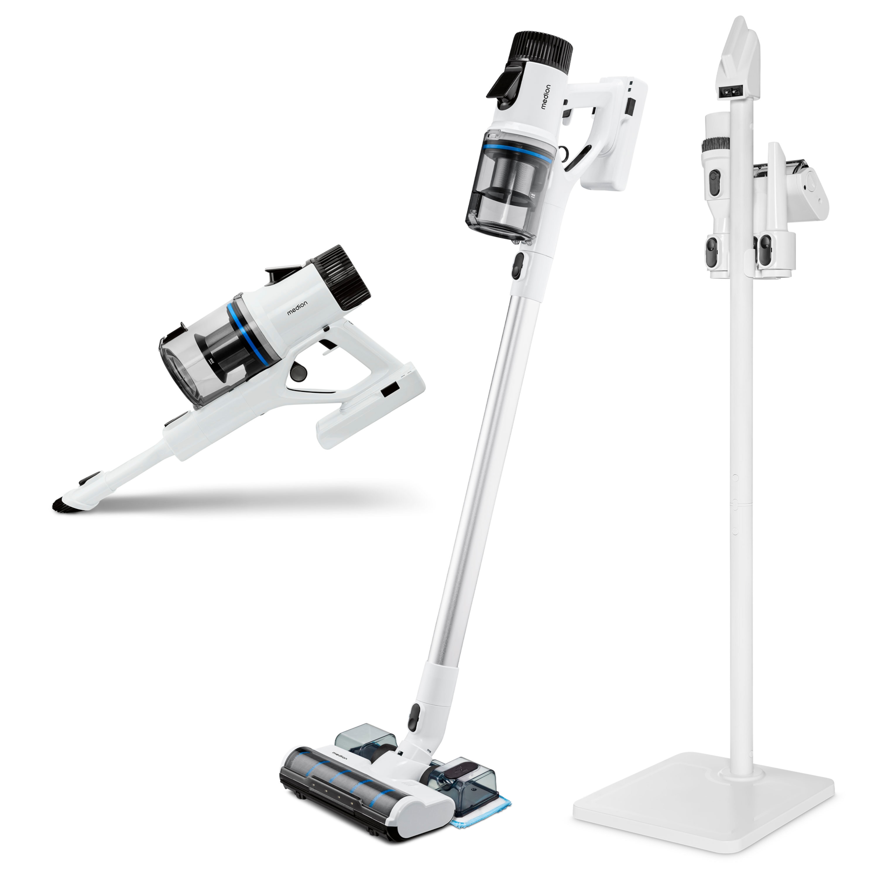 MEDION® P400 W Akku-Stielstaubsauger mit Wischfunktion, beutellose Zyklon-Technologie, max. Saugleistung 26 kPa /400W, 700 ml Staubbehälterkapazität, HEPA-H13 Filter, integriertes Zubehör und Ladestation