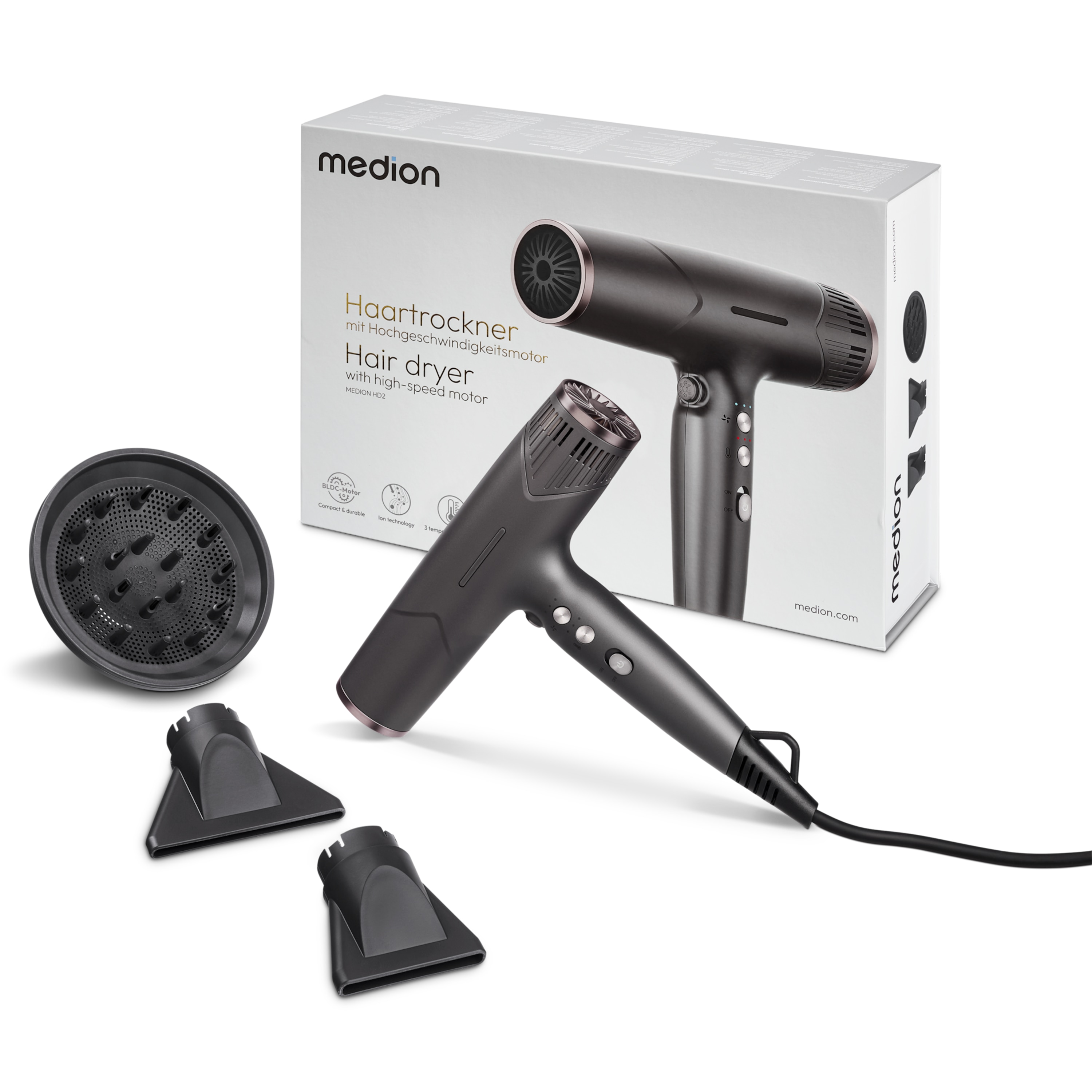 MEDION® LIFE HD2 Haartrockner mit Ionen-Technologie, 1.500 Watt, Selbstreinigungsfunktion, Vielseitige Aufsätze: Stylingdüsen und Diffusor, 3 Temperatur- und 3 Luftstromstufen