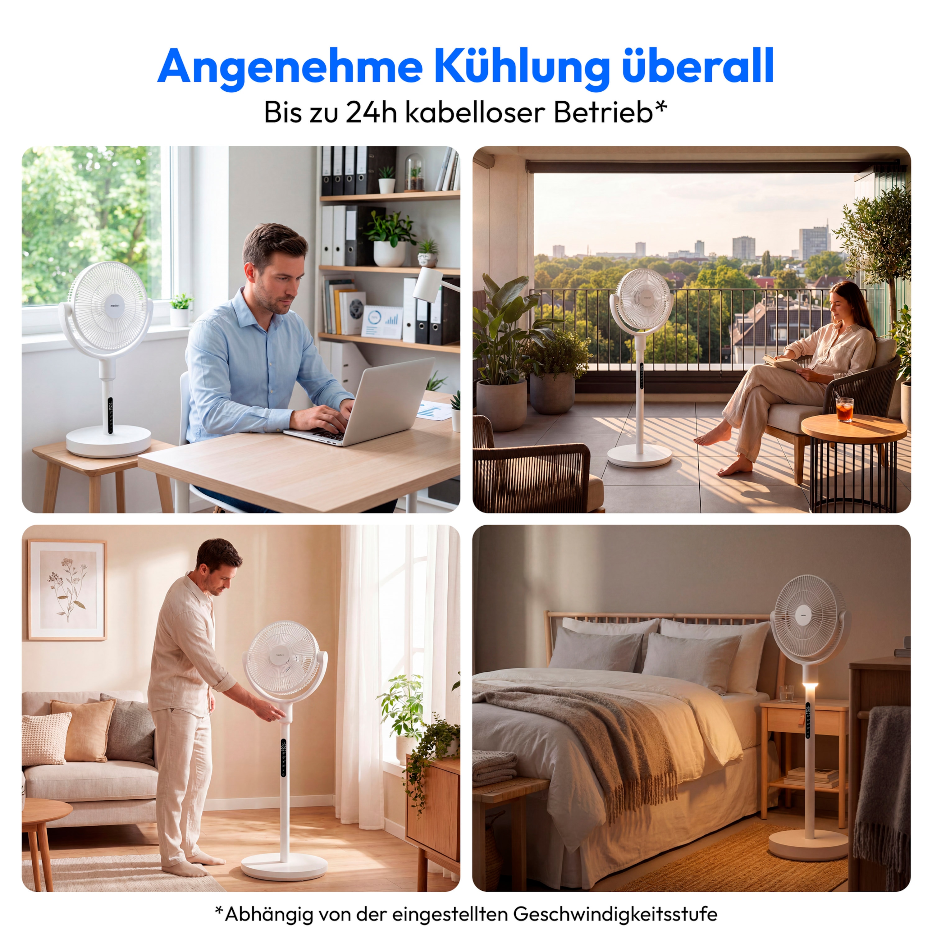 MEDION® LIFE P25 SF Akku-Standventilator (MD 100144), App-Steuerung, 10 Geschwindigkeitsstufen, 24 Watt Leistung, Schwenkfunktion, inkl. Fernbedienung