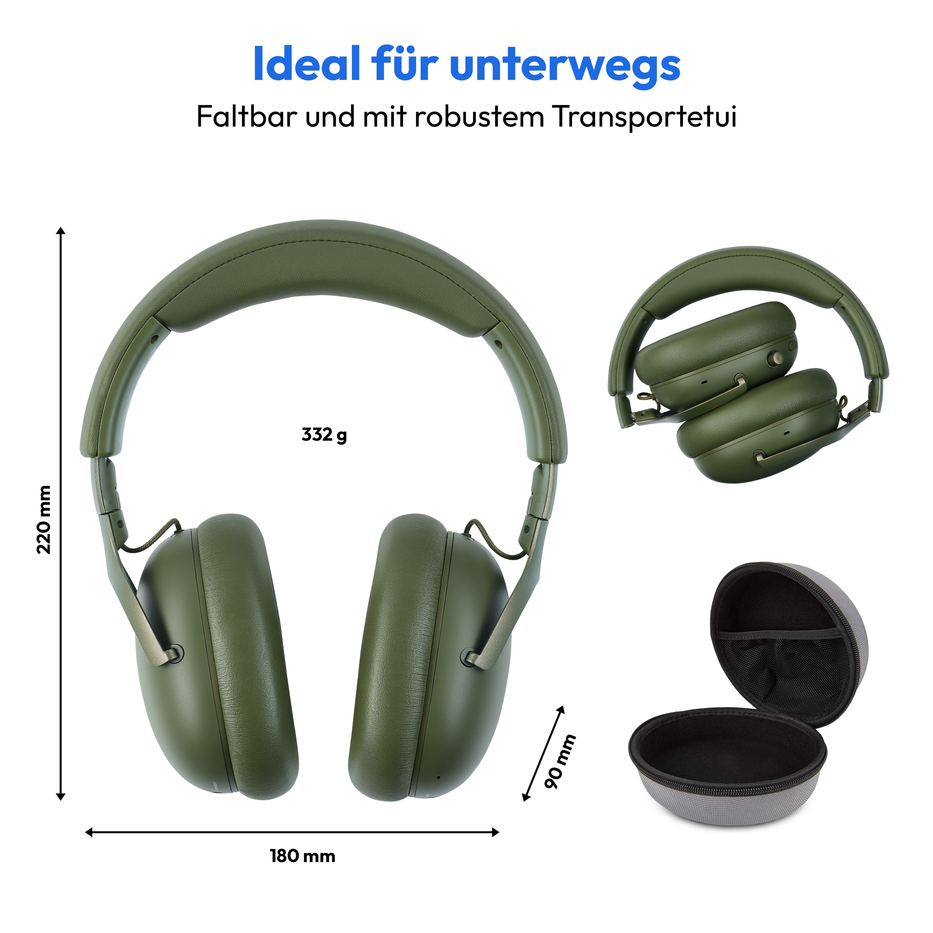 MEDION® Over Ear-Kopfhörer LIFE HX-1 Pure grün, bis zu 100 Stunden Akkulaufzeit, 3 EQ-Presets + 1 App-Preset, Bluetooth® 5.4 wireless technology, IPX4 Spritzwasserschutz