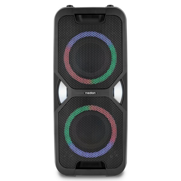 MEDION® LIFE PE-1 Pure Partylautsprecher, PLL-UKW Radio, Bluetooth® 5.4, satter Sound, verschiedene Lichteffekte, X-Bass Bassanhebung, inkl. Mikrofon, 2 x 25 W RMS Ausgangsleistung