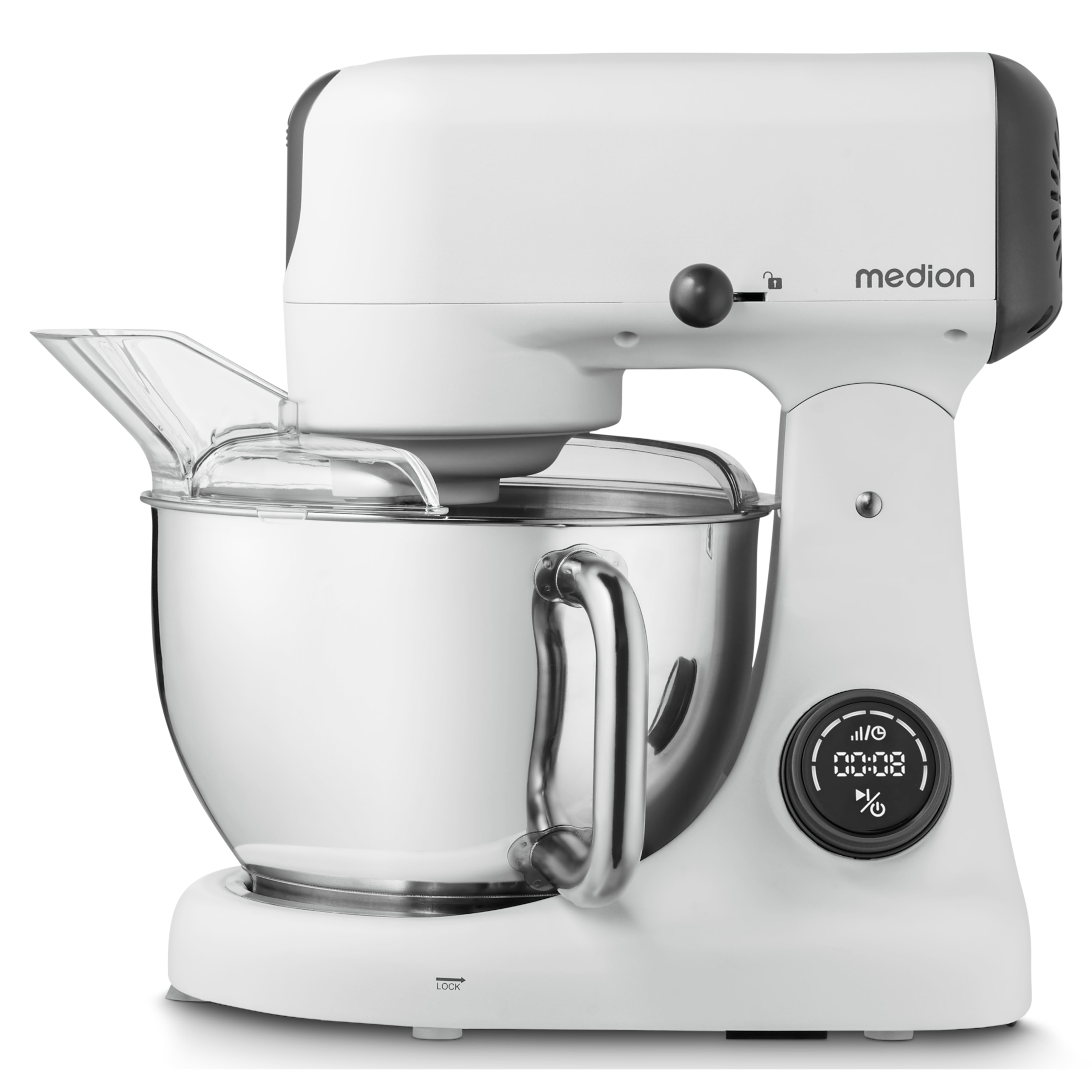 MEDION® LIFE Digitale Küchenmaschine MD12600, 800 W Gleichstrommotor, Energiesparend, Ultraleise, Digitales Sensor-Touch-Display, 4,6 L Edelstahlschüssel, Inkl. Fleischwolf