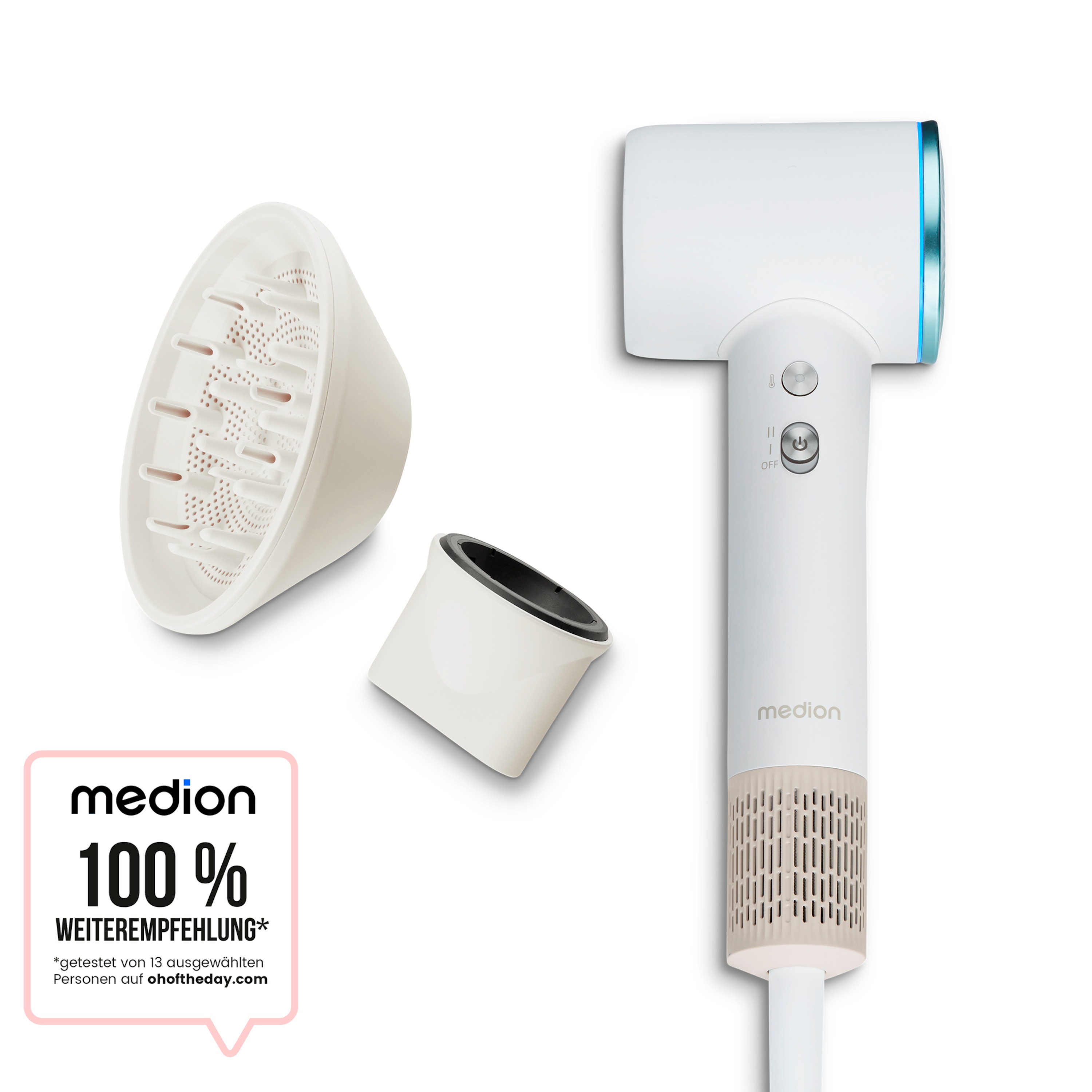 MEDION® LIFE HD1 Haartrockner mit Ionen-Technologie, 1.600 Watt, Selbstreinigungsfunktion, Magnetische Aufsätze: Stylingdüse und Diffusor, 3 Temperatur- und 2 Luftstromstufen