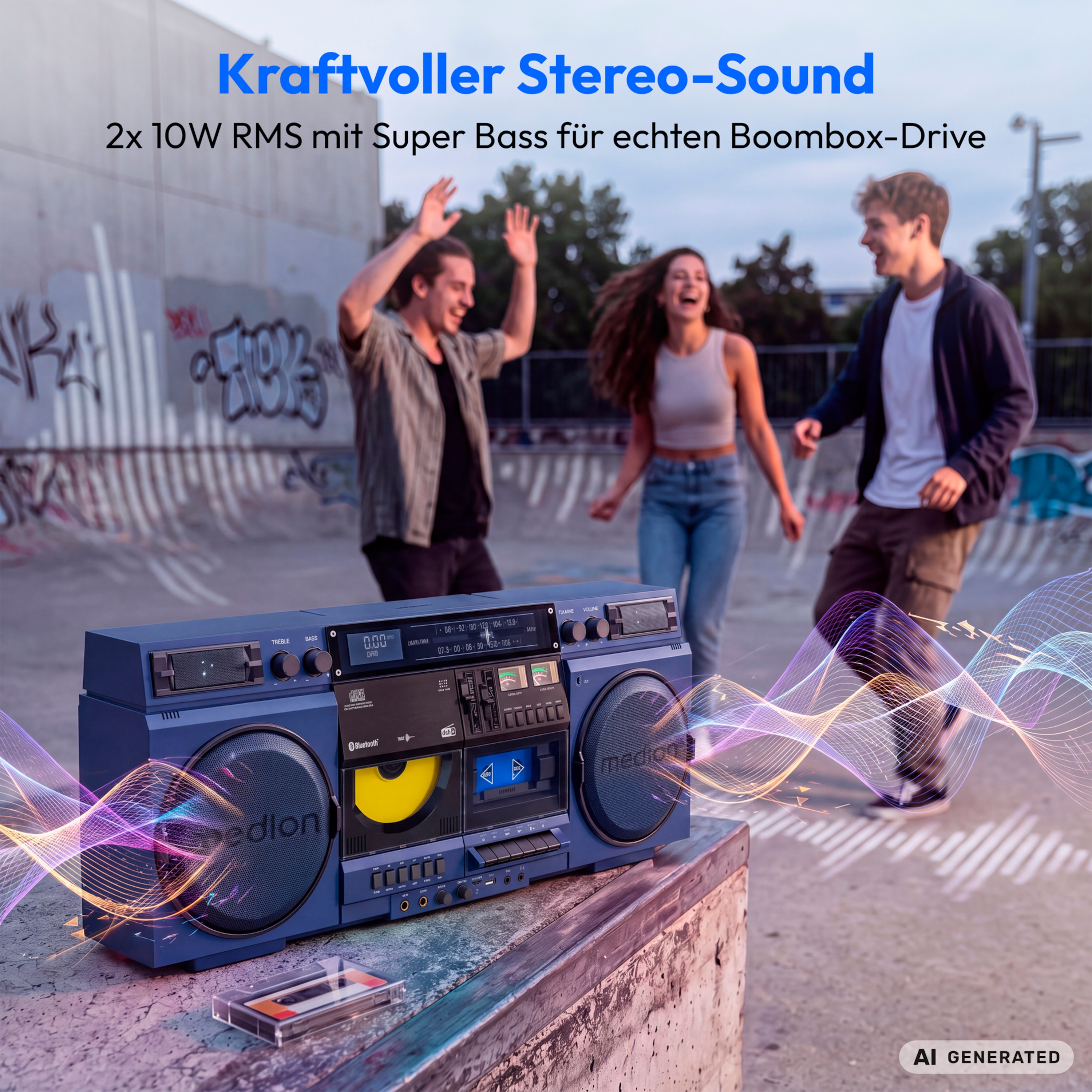 MEDION® LIFE P66538 Retro-Boombox blau, DAB+/PLL-UKW Radio, Bluetooth® 5.3 für das Abspielen von Smartphone & Co, CD-Player, Kassettendeck, X-Bass Funktion, 2 x 10 W RMS