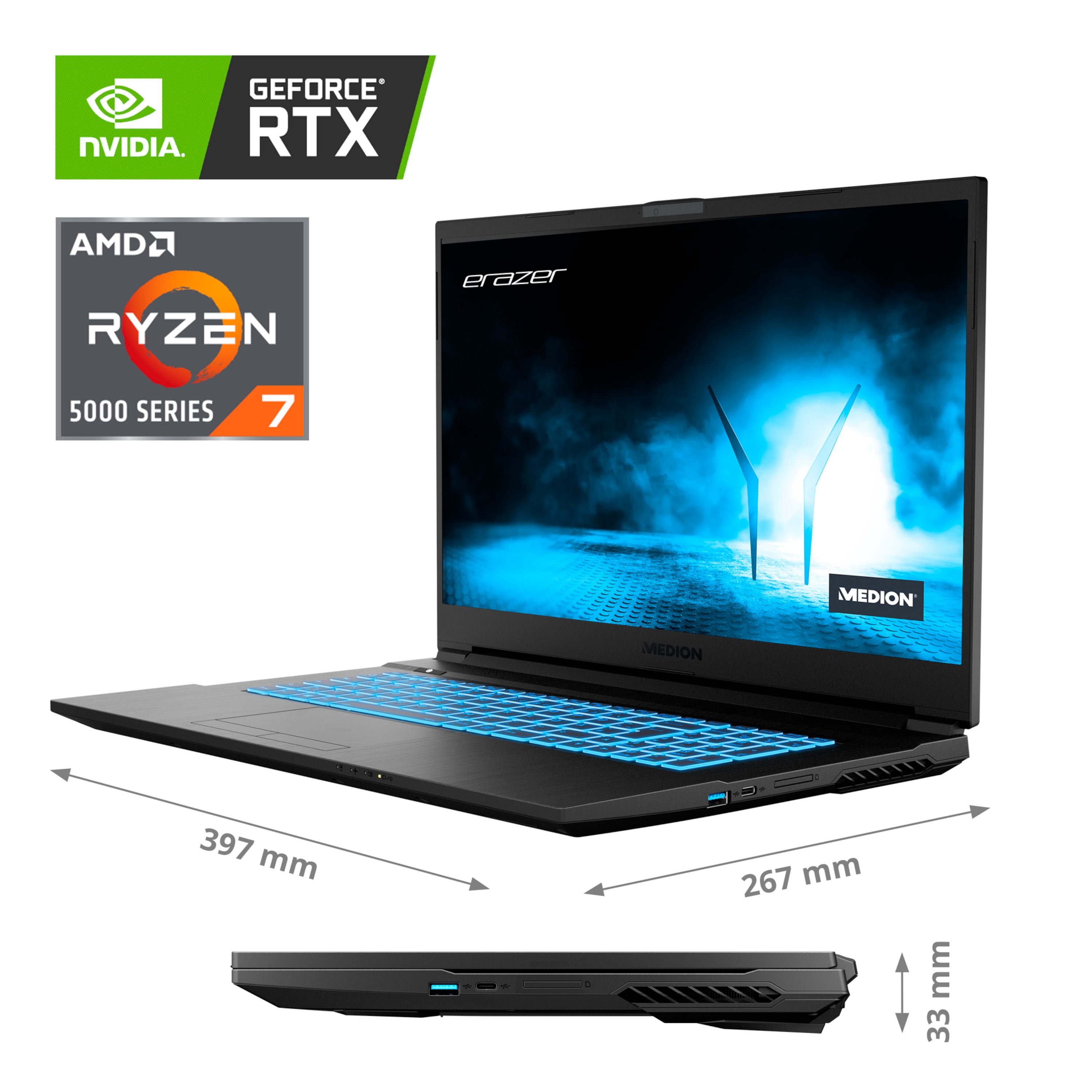 MEDION® ERAZER® Defender E15, AMD Ryzen™ 7 5800H Mobil-Prozessor, Windows 11 Home, 43,9 cm (17,3") FHD Display mit 144 Hz, NVIDIA® GeForce RTX™ 3050 Ti, 1 TB PCIe SSD, 32 GB RAM, Core Gaming Notebook