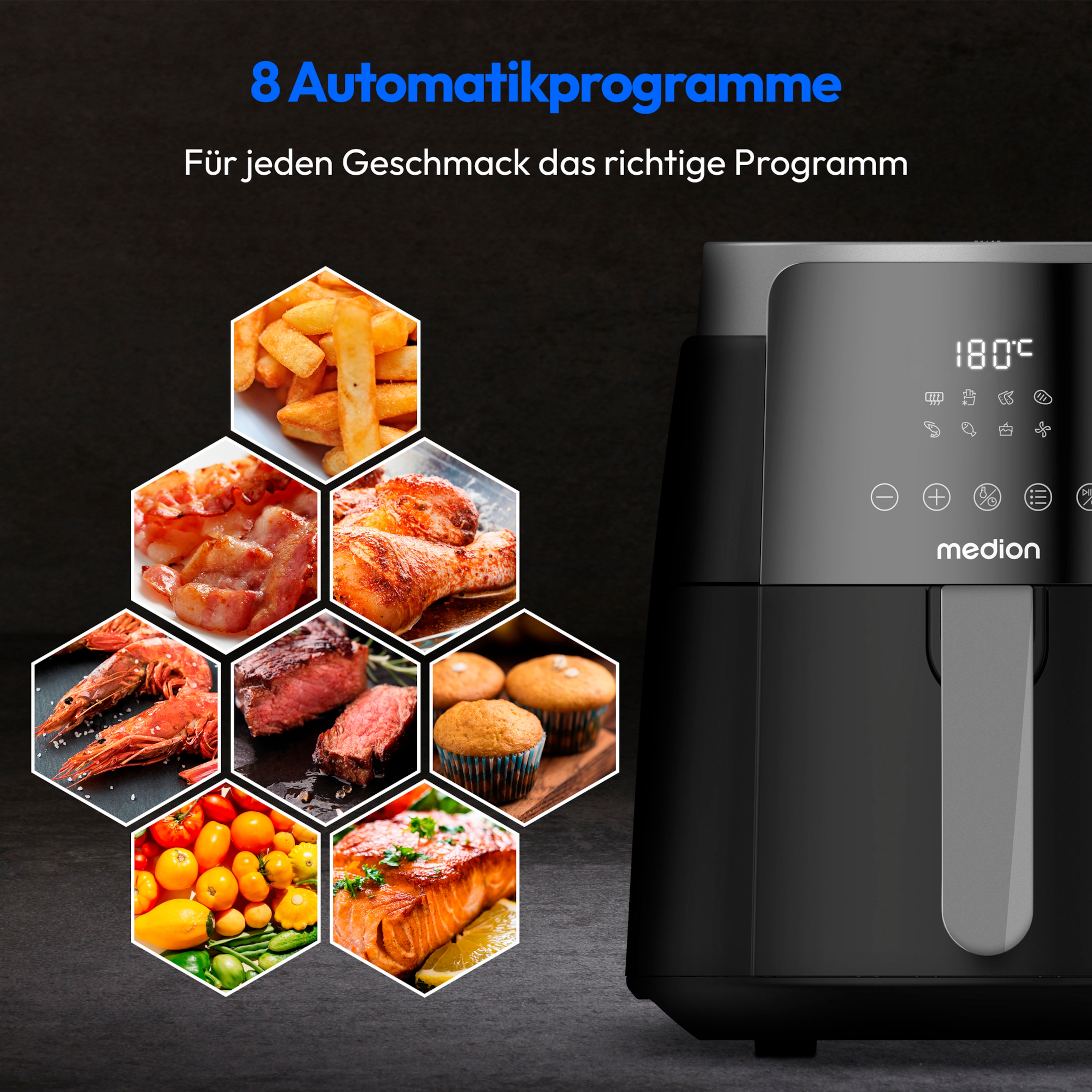 MEDION® LIFE HeißluftFritteuse P40 L (MD13030), 100 Rezepte in der Life+ App¹, Touch-Sensor- Bedienfeld, 4,7 Liter Fassungsvermögen, 8 Automatikprogramme,1.500 Watt, 60 min. Timer, 100