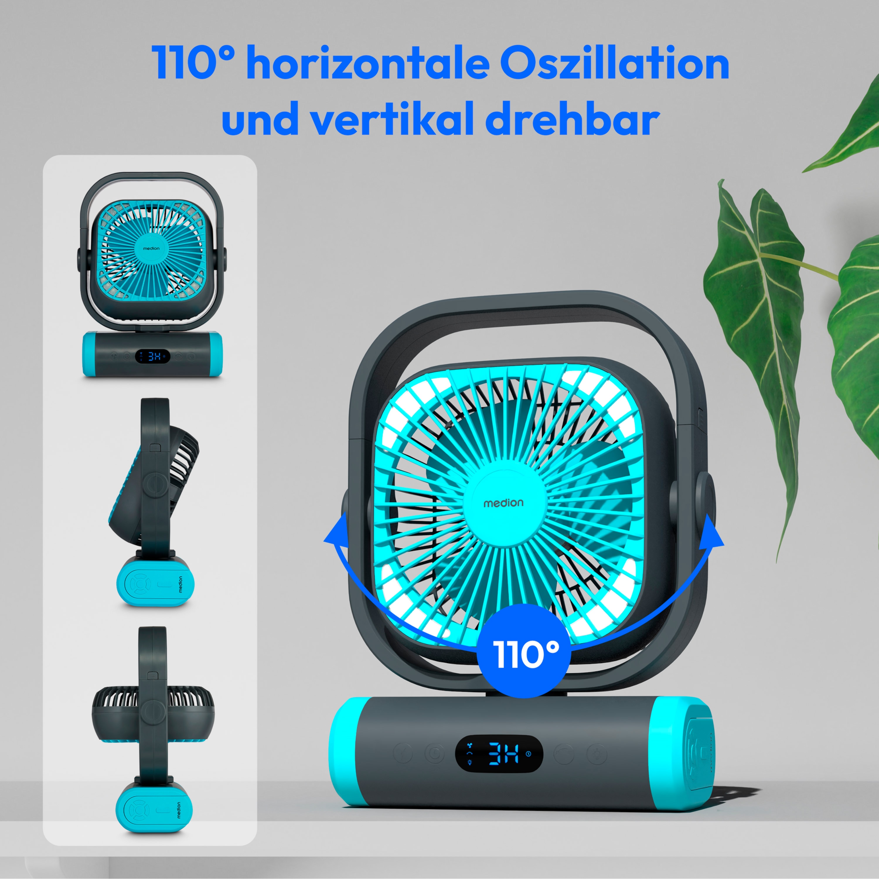 MEDION® LIFE Camping Ventilator E10 TF, 20 W Leistung, 5 Geschwindigkeitsstufen, 110° Oszillation, 10.000 mAh Akku, als Powerbank nutzbar, LED
