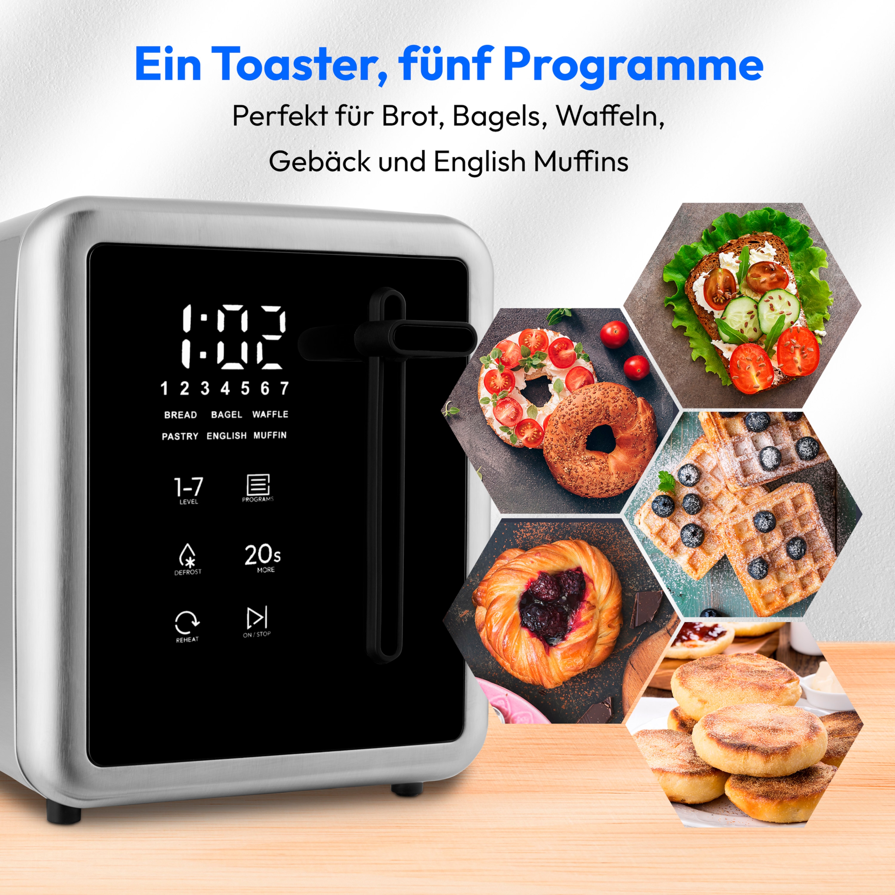 MEDION® MEDION LIFE Toaster MD12102, 2 Toastschlitze für zwei Toastscheiben, LED Sensor-Touch-Display für präzise Steuerung, 7 Bräunungsstufen und 5 Automatikprogramme