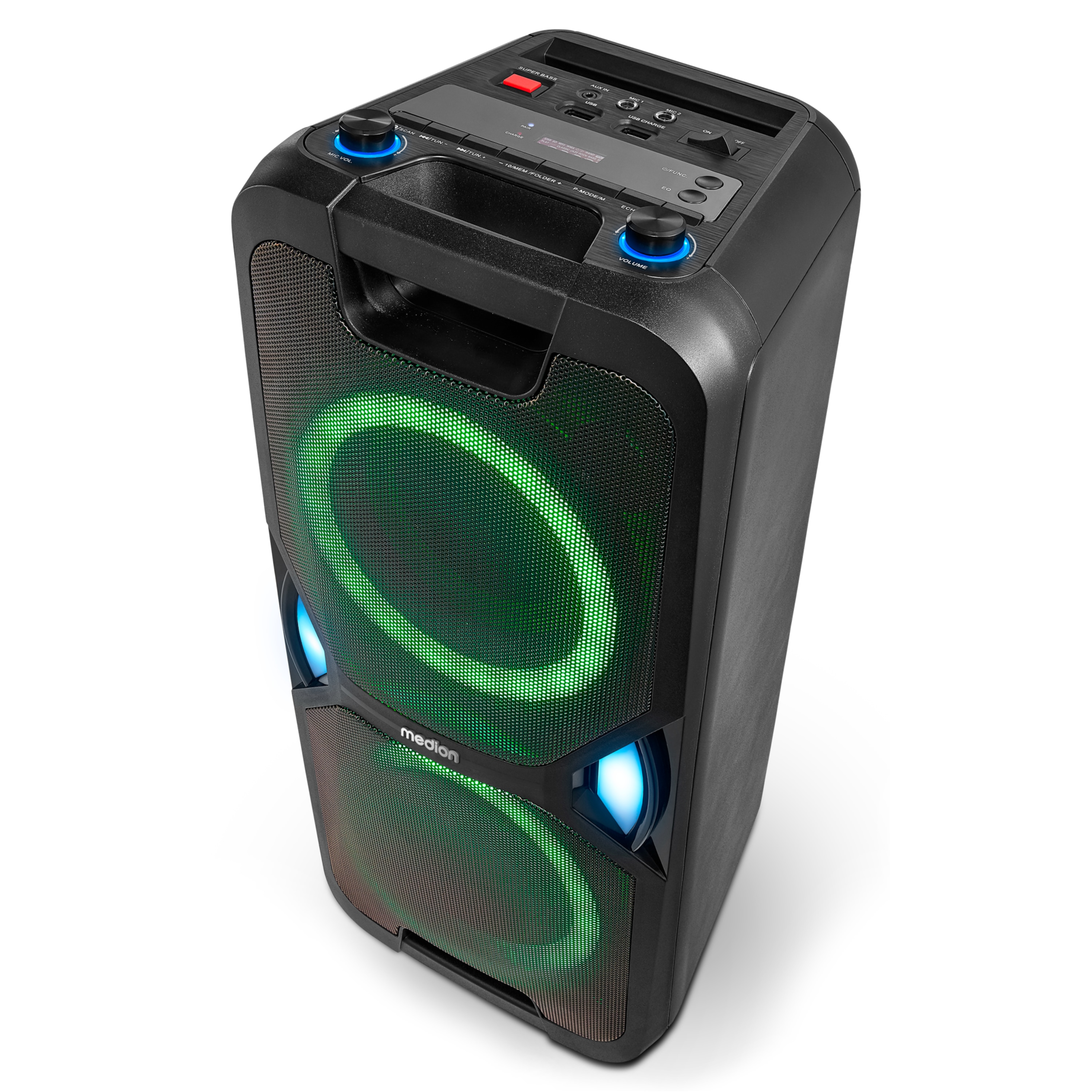 MEDION® LIFE® P61468 Partylautsprecher, PLL-UKW Radio, Bluetooth® 5.0, satter Sound, verschiedene Lichteffekte, X-Bass Bassanhebung, inkl. Mikrofon, 2 x 22 W RMS Ausgangsleistung