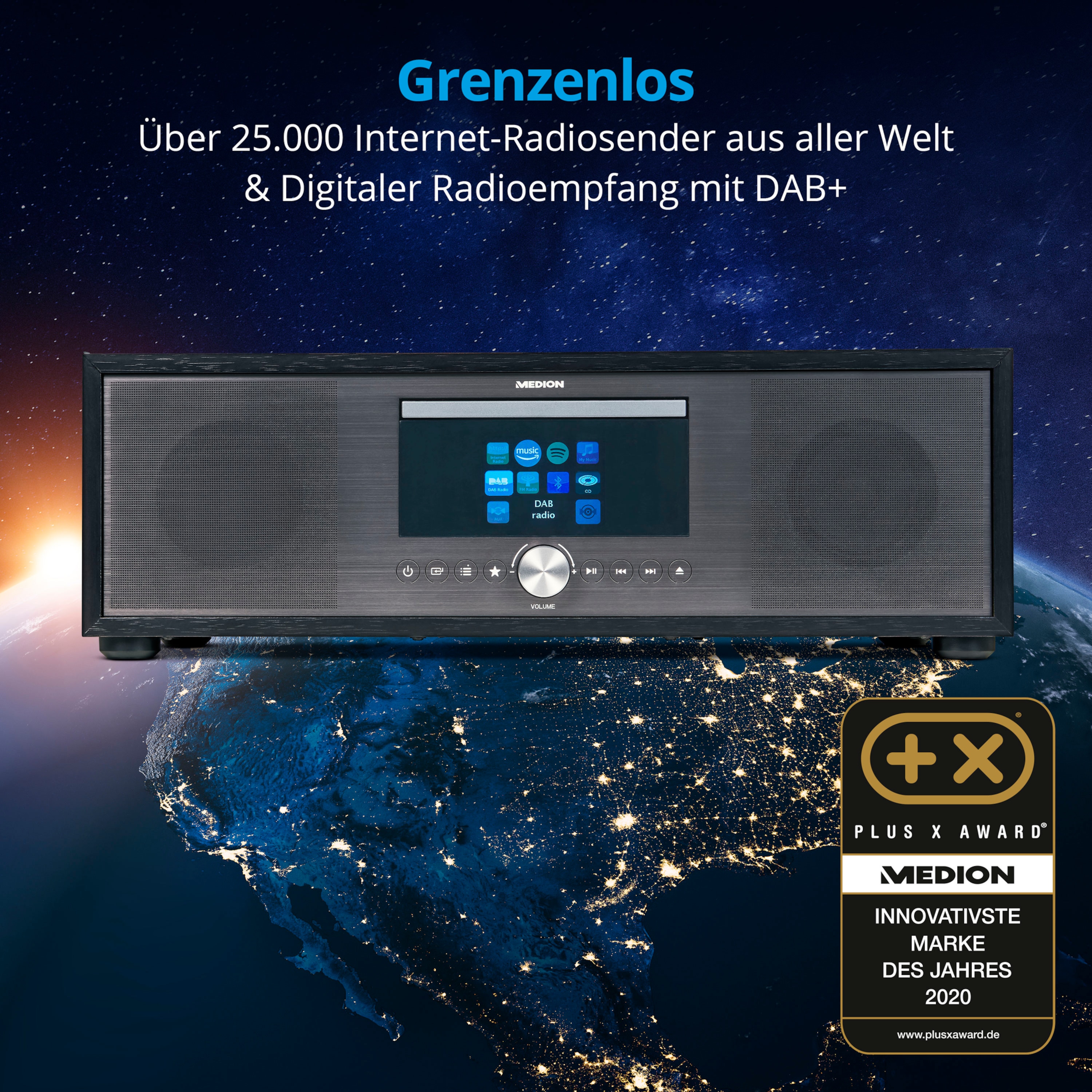MEDION® LIFE® P66024 All-in-One Audio System, LCD-Display 7,1 (2.8''), Internet/DAB+/PLL-UKW Radio, CD/MP3-Player, Bluetooth® 5.0, DLNA, 2.1 Soundsystem, 2 x 20 W + 40 W RMS